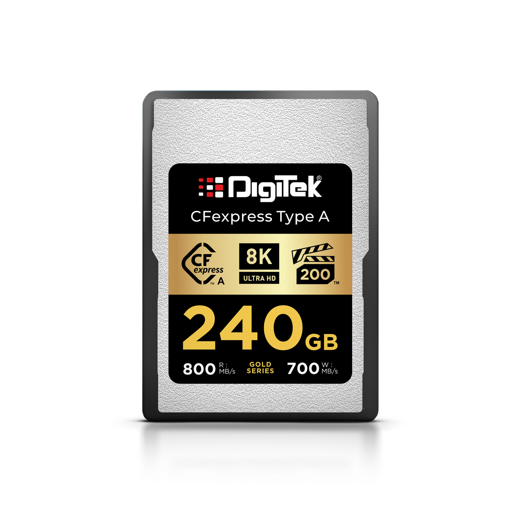 بطاقة ذاكرة Digitek (DCFA 240GB Gold Series) من نوع CFexpress A - سرعة قراءة 800 ميجابايت/ثانية، سرعة كتابة 700 ميجابايت/ثانية، تدعم دقة 8K فائقة الوضوح، تقنية Nytro Boost، تقنية Perfect Frame، ضمان 5 سنوات، لتصوير فيديو عالي السرعة بدقة 8K