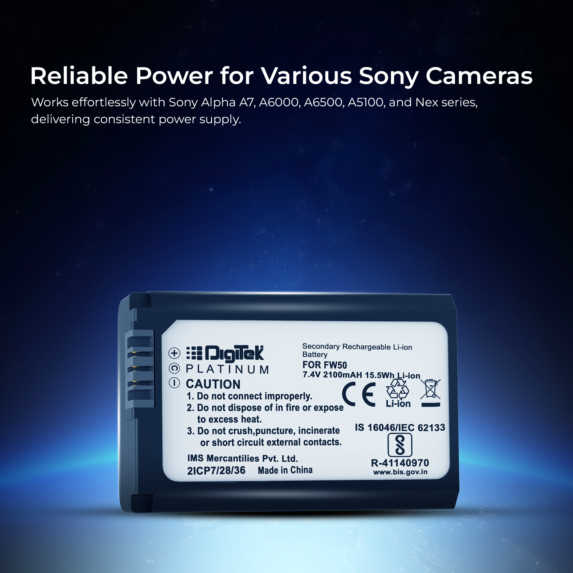 بطارية ديجيتك (بلاتينيوم FW-50) ليثيوم أيون قابلة لإعادة الشحن لكاميرات سوني DSLR | التوافق: كاميرات سلسلة ألفا NEX-3، 5، 6، و7، وكاميرات DSLR-SLT-A33 وDSLR-SLT-A55