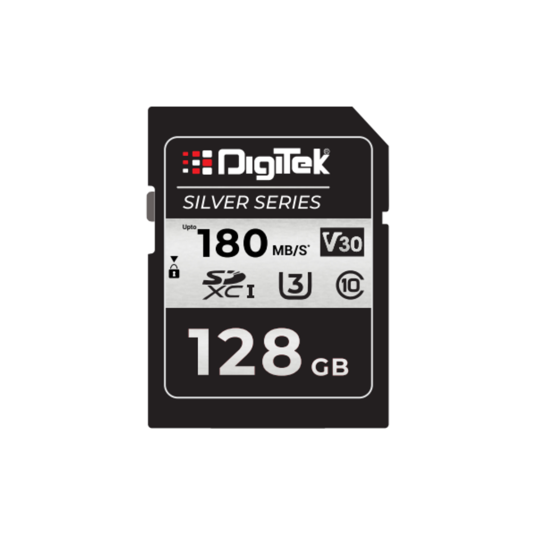 Digitek (DUHS-1 128GB SD SILVER) 128GB SDXC V30 UHS-I U3 Memory Card, Up to 180MB/s Read & 160MB/s Write Speed, 4K UHD, RAW Recording, C10, Durable Silver Edition