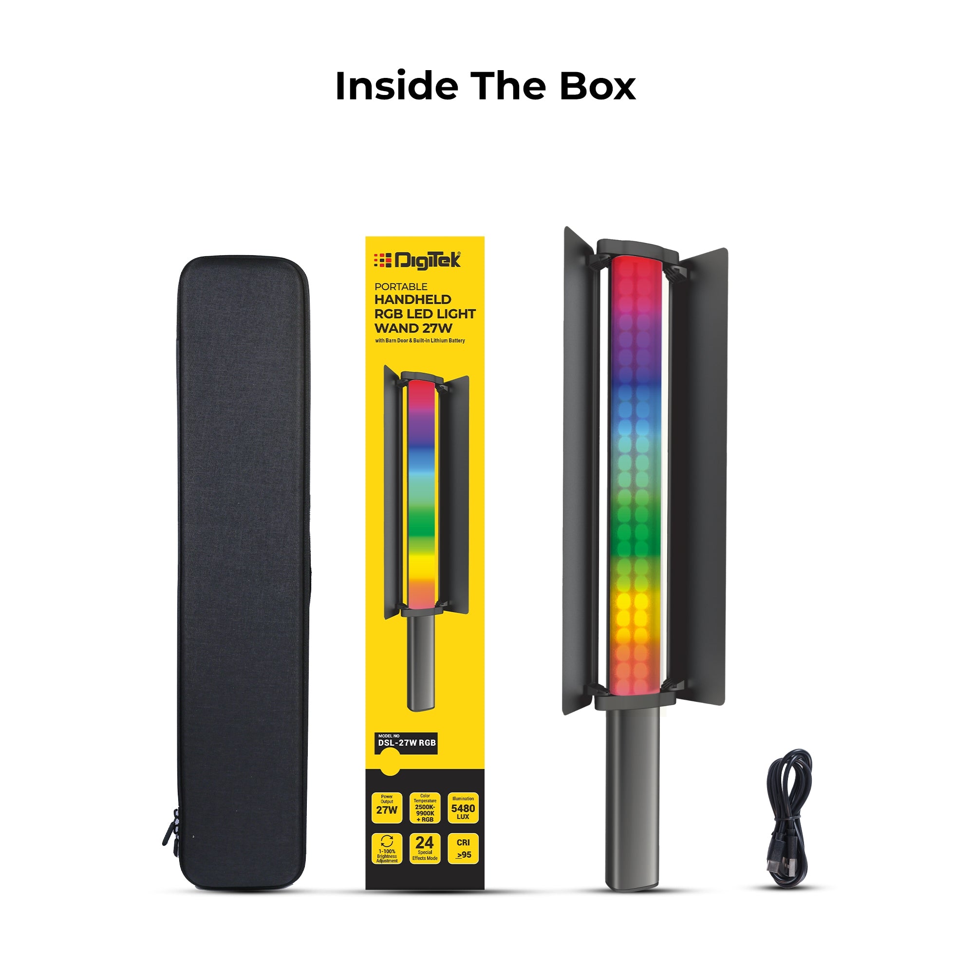 Digitek (DSL 27W RGB) 27W LED Stick Light Wand with Barndoor & Built-in Battery, 2500K-9900K + RGB, 5480 Lux, 24 FX Modes, CRI 95+, OLED Display, 0-360° HSI, Type-C Charging, For Photo & Videography