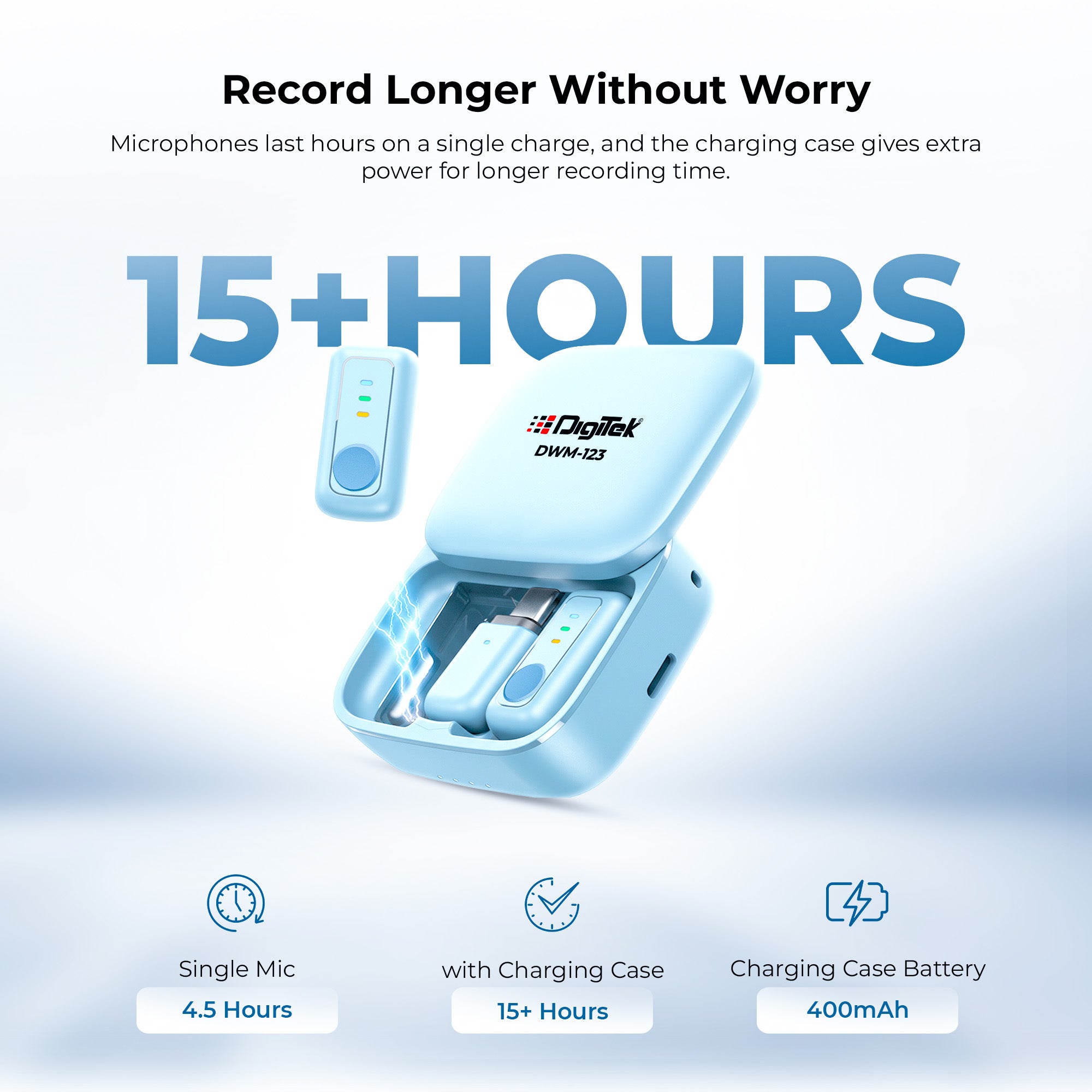 نظام ميكروفون لاسلكي Digitek (DWM 123) 2 في 1 مع علبة شحن ومشبك طوق مغناطيسي، وجهاز استقبال من النوع C لأجهزة iPhone 15 وما فوق، وهواتف Android، ومدى 60 مترًا، وميكروفون مدمج، للمبدعين ومدوني الفيديو (أزرق)