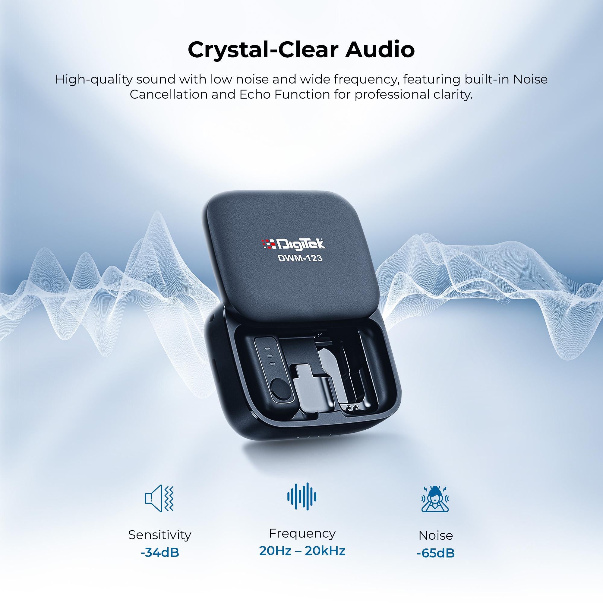 نظام ميكروفون لاسلكي Digitek (DWM 123) 2 في 1 مع علبة شحن ومشبك طوق مغناطيسي، وجهاز استقبال من النوع C لأجهزة iPhone 15 وما فوق، وهواتف Android، ومدى 60 مترًا، وميكروفون مدمج، للمبدعين ومدوني الفيديو (أسود)