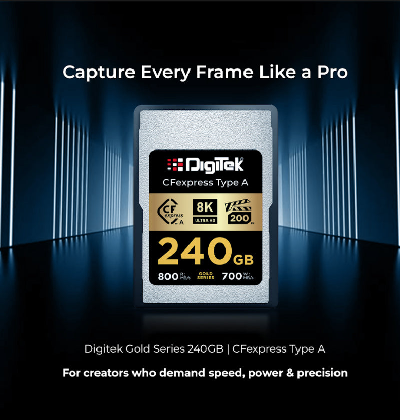 بطاقة ذاكرة Digitek (DCFA 240GB Gold Series) من نوع CFexpress A - سرعة قراءة 800 ميجابايت/ثانية، سرعة كتابة 700 ميجابايت/ثانية، تدعم دقة 8K فائقة الوضوح، تقنية Nytro Boost، تقنية Perfect Frame، ضمان 5 سنوات، لتصوير فيديو عالي السرعة بدقة 8K