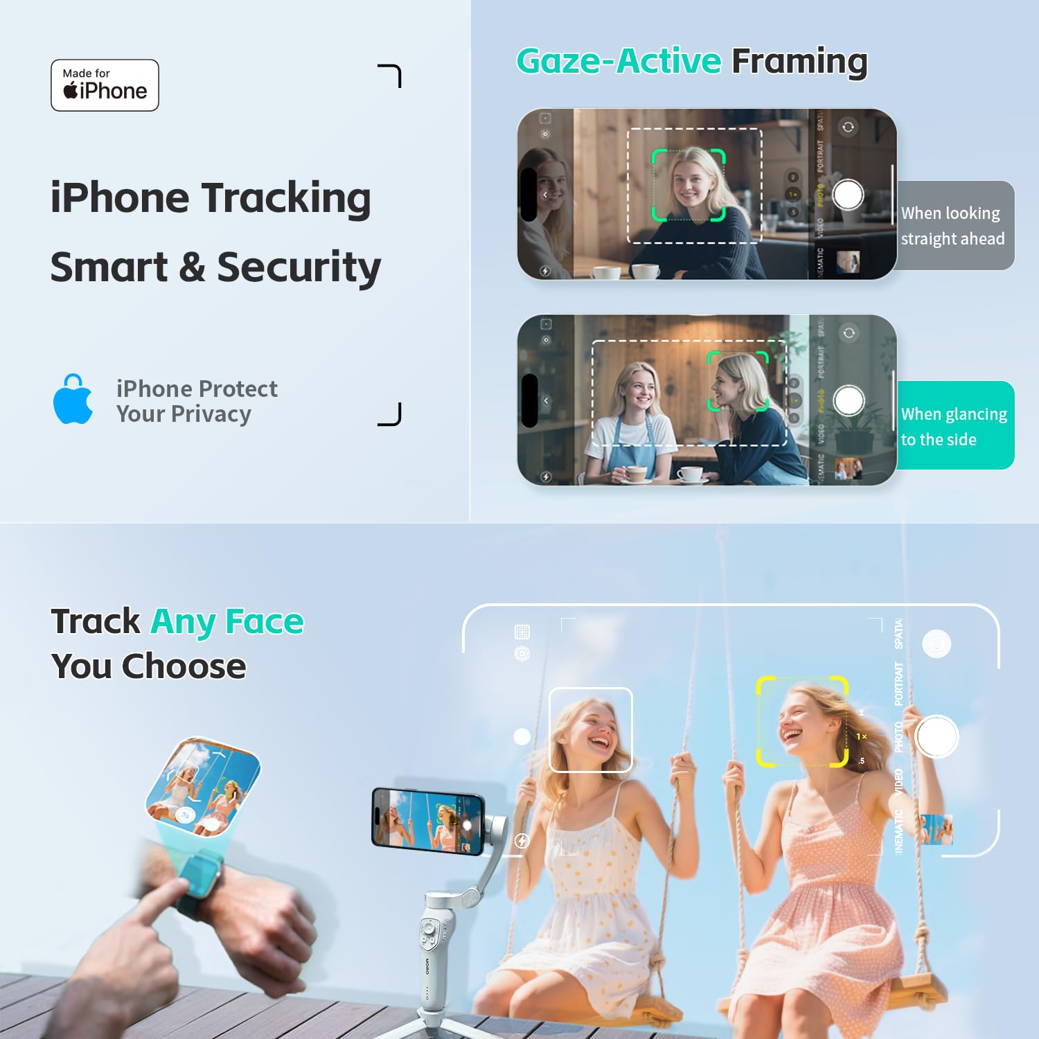 مثبت جيمبال لهواتف آيفون، مثبت جيمبال للهواتف المحمولة من كوميتوك مع تتبع ذكي بزاوية 360 درجة لتسجيل الفيديو والتصوير، تقنية NFC للاقتران السريع وتصميم مغناطيسي لهواتف آيفون 16 و15 برو ماكس