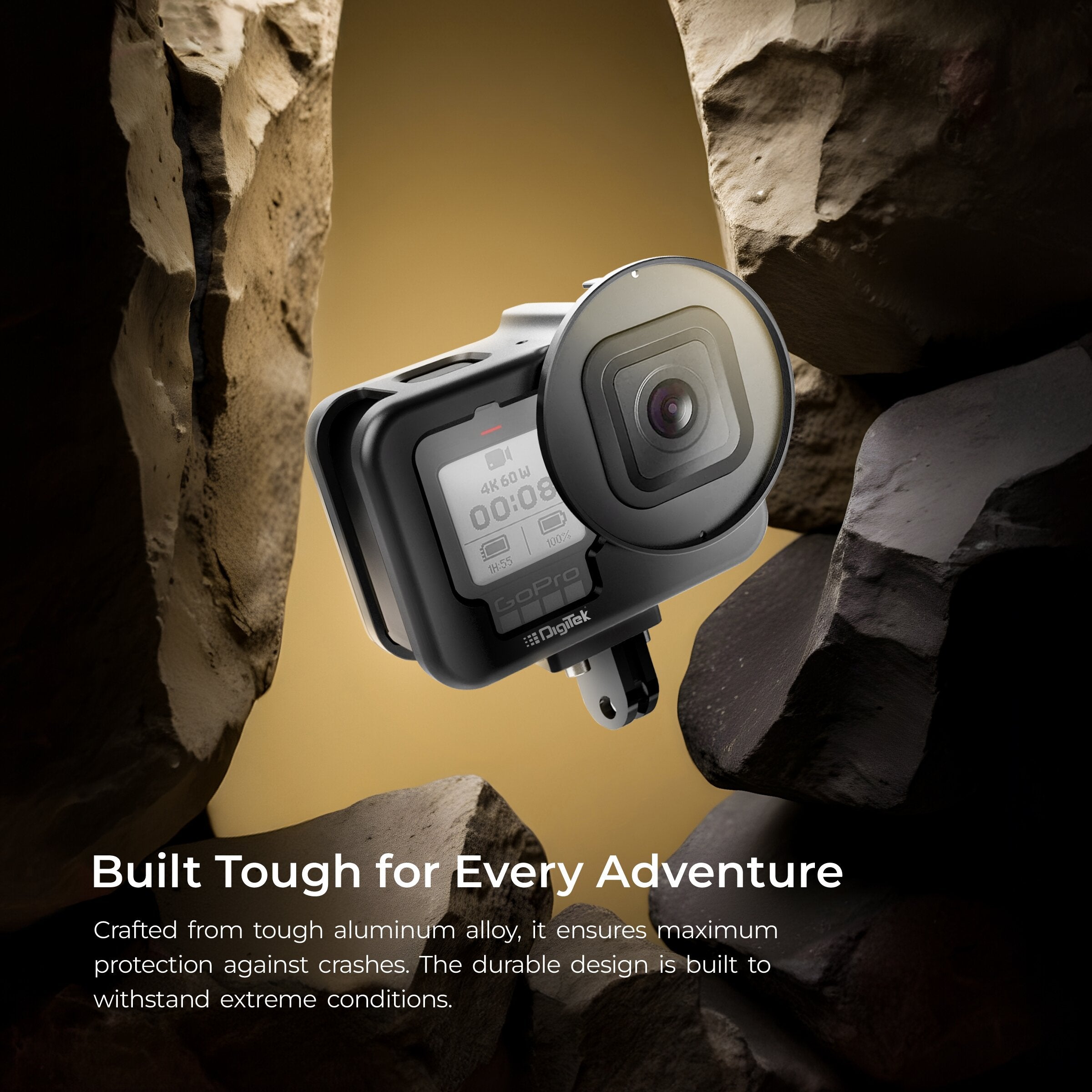 قفص كاميرا DIGITEK® لكاميرا GoPro Hero 12، هيكل من الألومنيوم خفيف الوزن، منفذ فلتر 52 مم، فتحات براغي 1/4 بوصة و3/8 بوصة، حامل لمصابيح LED وميكروفونات خارجية، مثالي لركوب الدراجات في المغامرات وتصوير الفيديوهات في الهواء الطلق