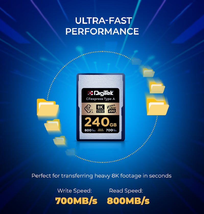 بطاقة ذاكرة Digitek (DCFA 240GB Gold Series) من نوع CFexpress A - سرعة قراءة 800 ميجابايت/ثانية، سرعة كتابة 700 ميجابايت/ثانية، تدعم دقة 8K فائقة الوضوح، تقنية Nytro Boost، تقنية Perfect Frame، ضمان 5 سنوات، لتصوير فيديو عالي السرعة بدقة 8K