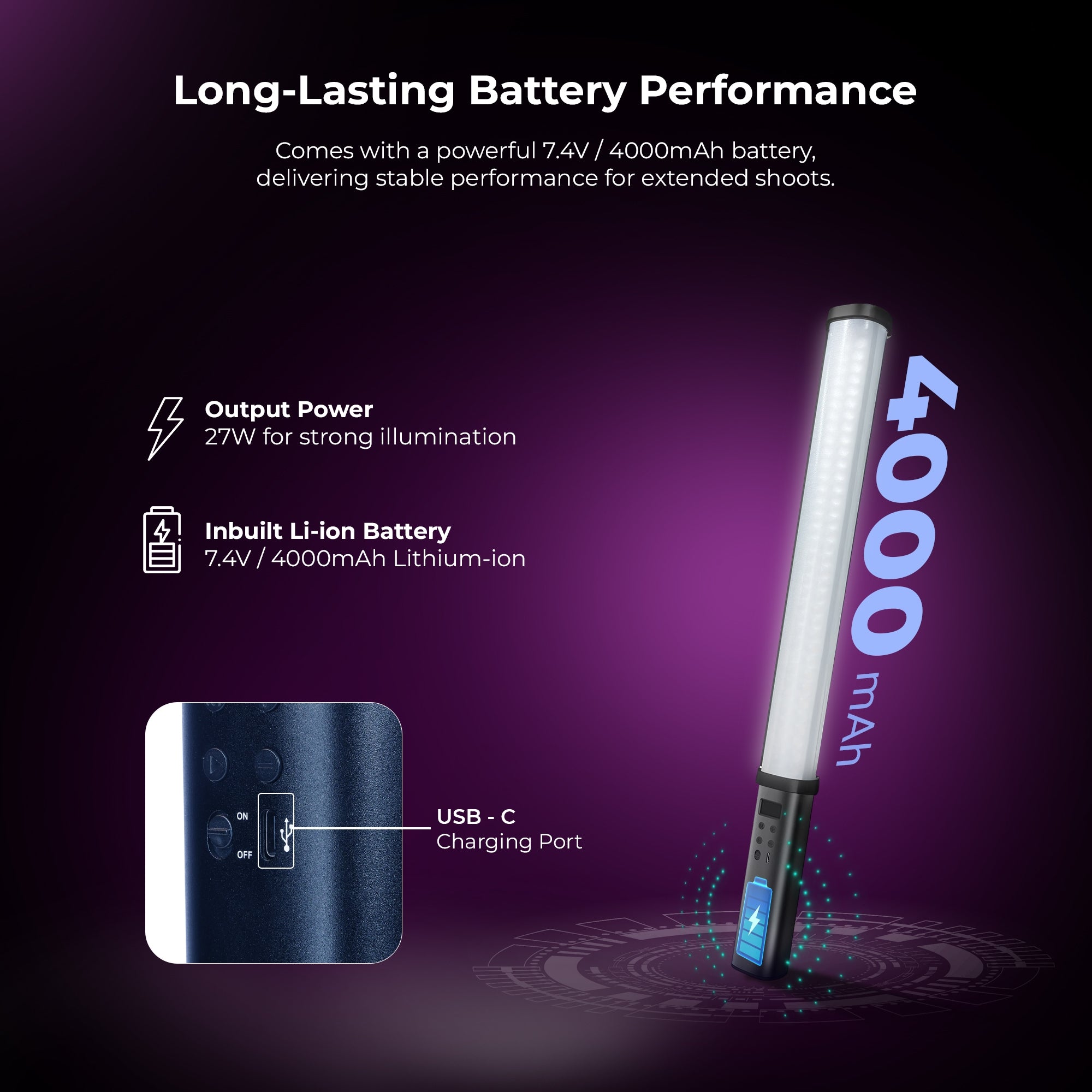 Digitek (DSL 27W RGB) 27W LED Stick Light Wand with Barndoor & Built-in Battery, 2500K-9900K + RGB, 5480 Lux, 24 FX Modes, CRI 95+, OLED Display, 0-360° HSI, Type-C Charging, For Photo & Videography