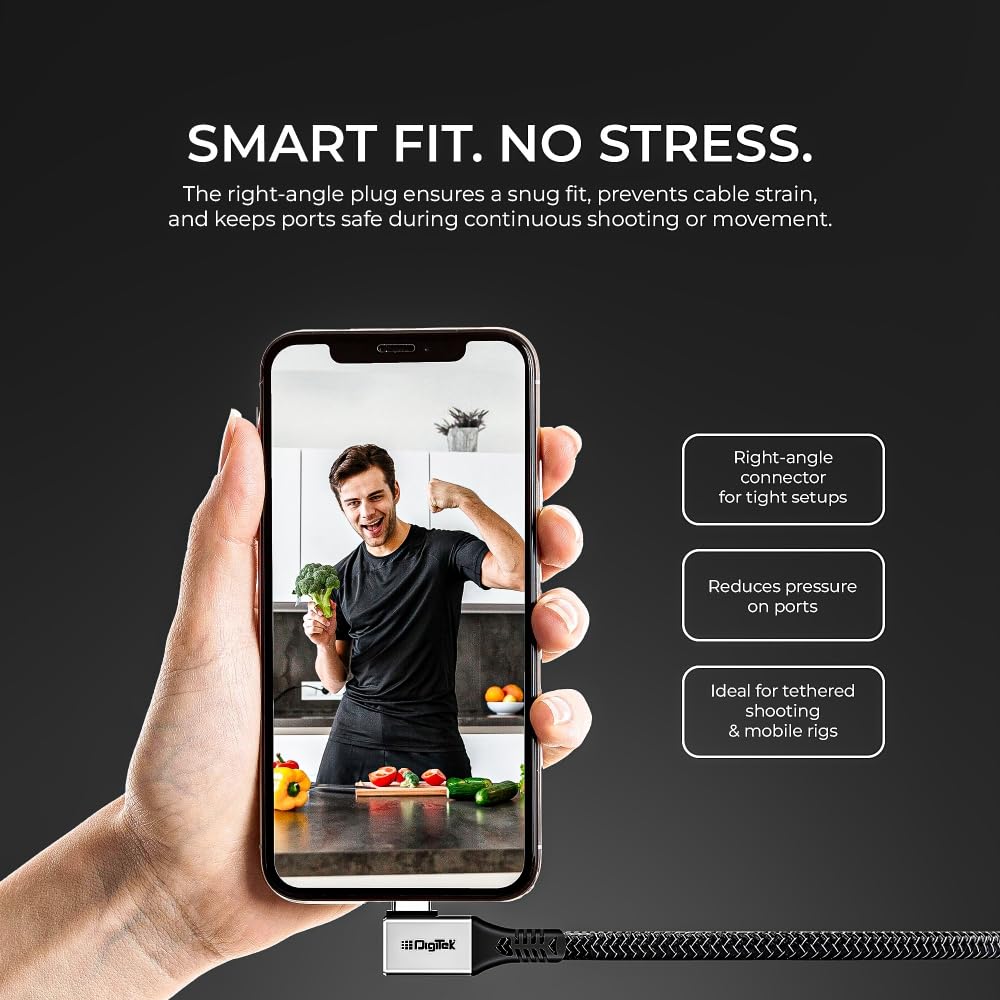 كابل Digitek® (DC 5M-TC2C 3.2) من النوع C إلى النوع C بزاوية قائمة، بطول 5 أمتار، مضفر من النايلون، شحن سريع بقدرة 100 واط، نقل بيانات بسرعة 20 جيجابت في الثانية، ثنائي الاتجاه، لتطبيقات التصوير الفوتوغرافي والفيديو.