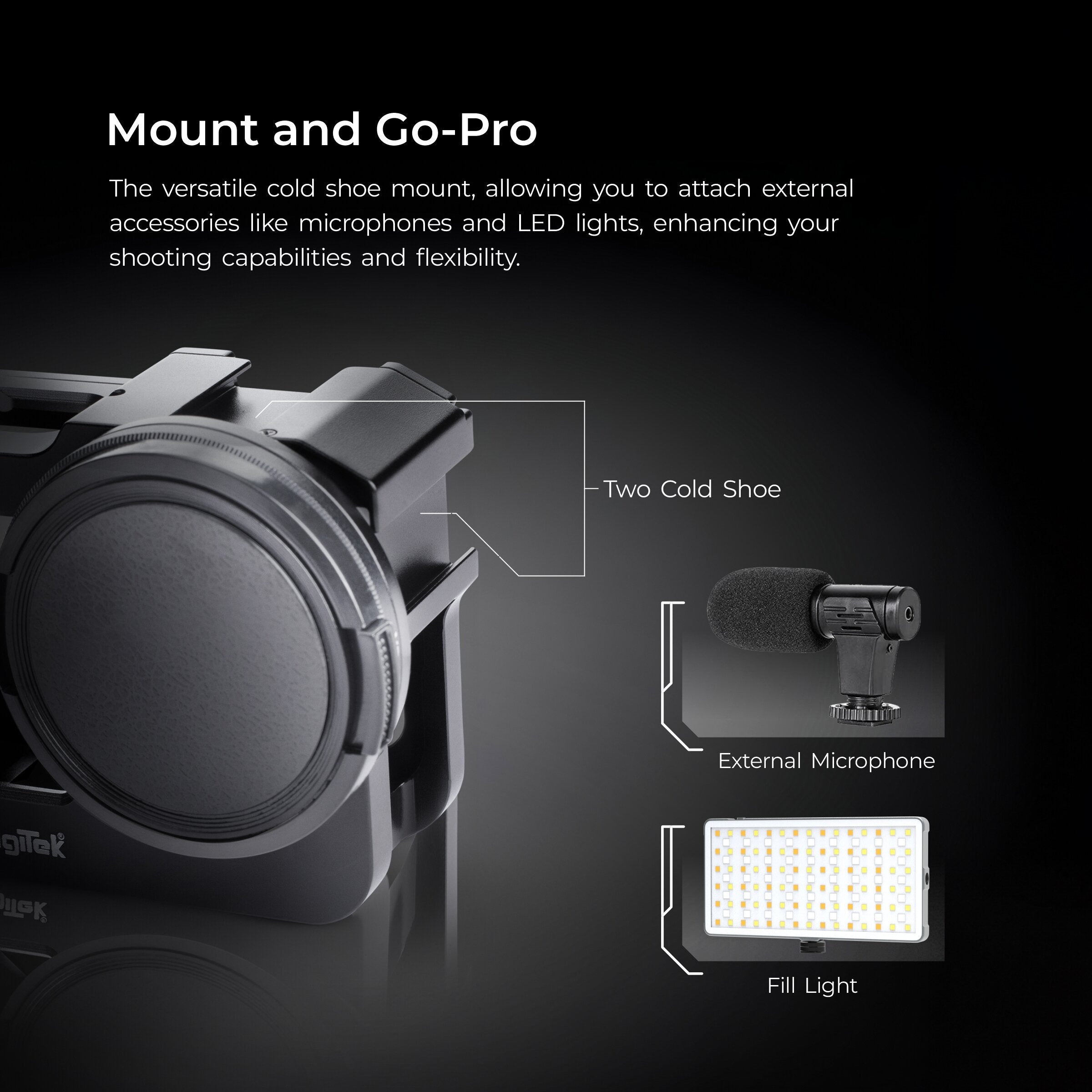 قفص كاميرا DIGITEK® لكاميرا GoPro Hero 12، هيكل من الألومنيوم خفيف الوزن، منفذ فلتر 52 مم، فتحات براغي 1/4 بوصة و3/8 بوصة، حامل لمصابيح LED وميكروفونات خارجية، مثالي لركوب الدراجات في المغامرات وتصوير الفيديوهات في الهواء الطلق