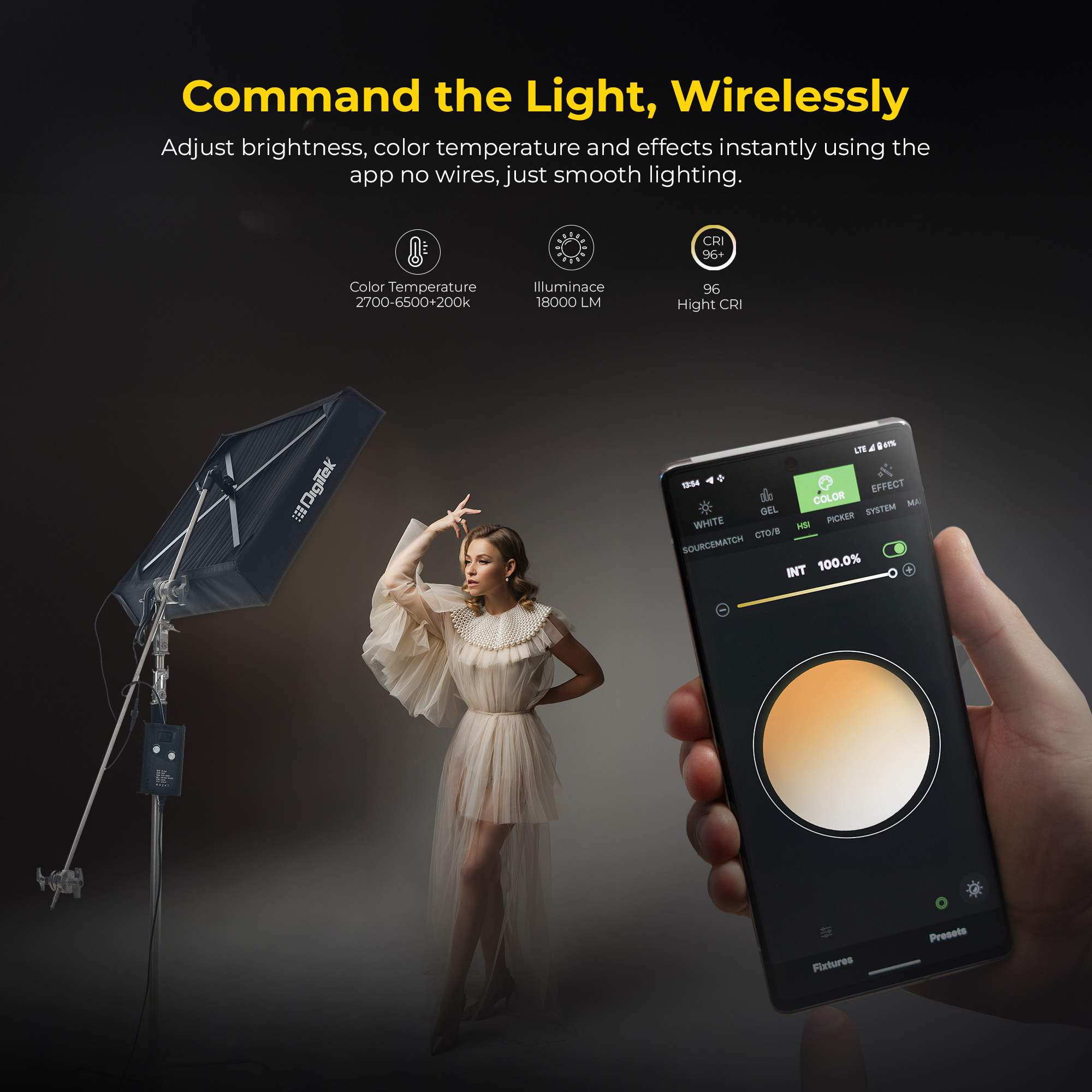 Digitek®(DFFL 6090) 200W Bi-Color Flexible Fabric LED Video Light with Remote & App Control, 1536 LEDs, 2700K–6500K±200K, 0–100% Dimming, 120° Beam Angle, 18000LM, Includes X Bracket, Diffuser, Honeycomb Grid & Accessories, for Photo & Videography