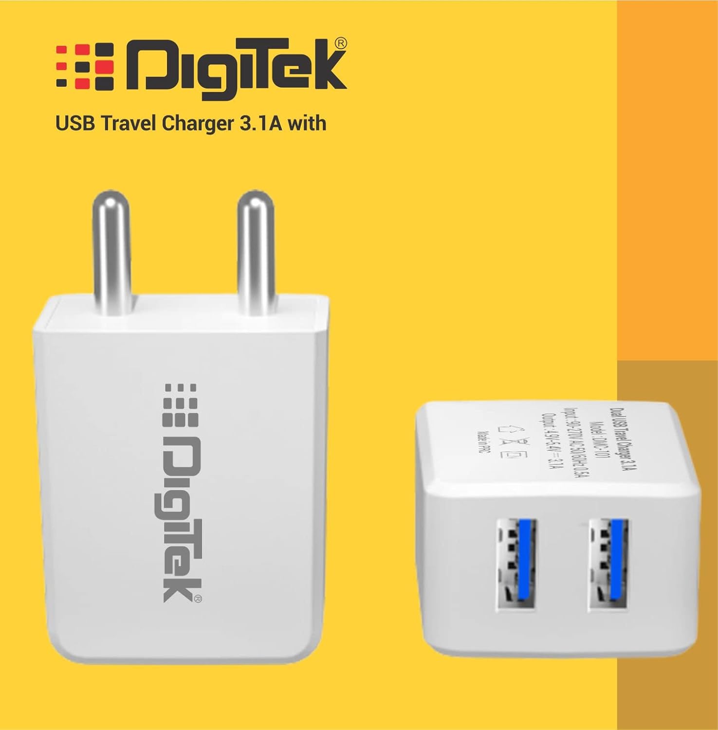 شاحن سفر ثنائي المنافذ USB من Digitek (DMC-101 LTC) 5 فولت / 3.1 أمبير، شاحن حائط مع كابل Lightning عالي الدقة، محول شحن سريع مناسب للهواتف الذكية والأجهزة اللوحية وأجهزة iPhone و iPod و iPad والهواتف المحمولة وغيرها من أجهزة USB.