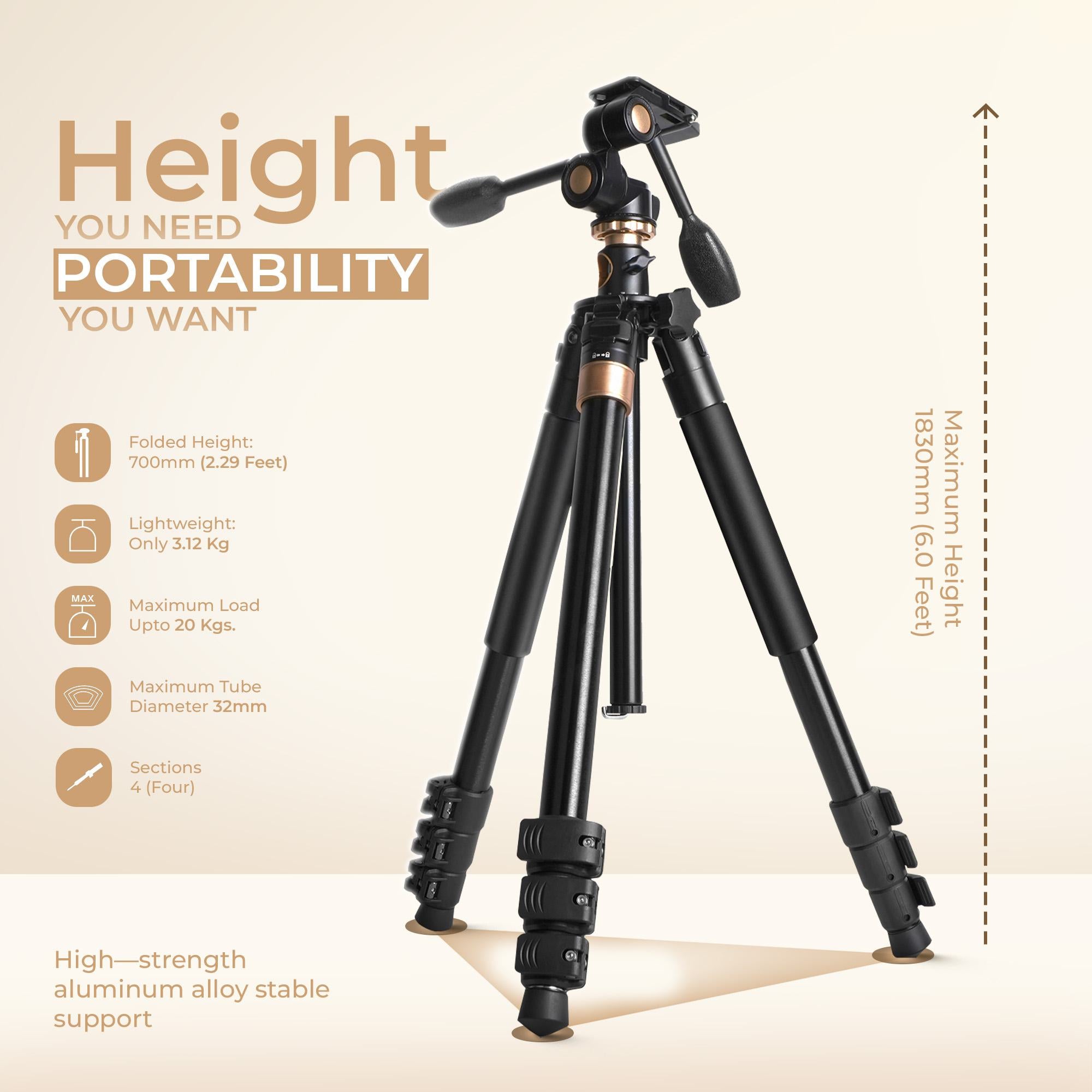 Digitek (DTR 620 BH) Multi-Angle 6ft DV Tripod Cum Monopod, 3-Way Pan & Tilt Head, Central Column for Tabletop & Vertical Shots, 20Kg Max Load, 4-Section Adjustable, Quick Release & Flip Leg Lock