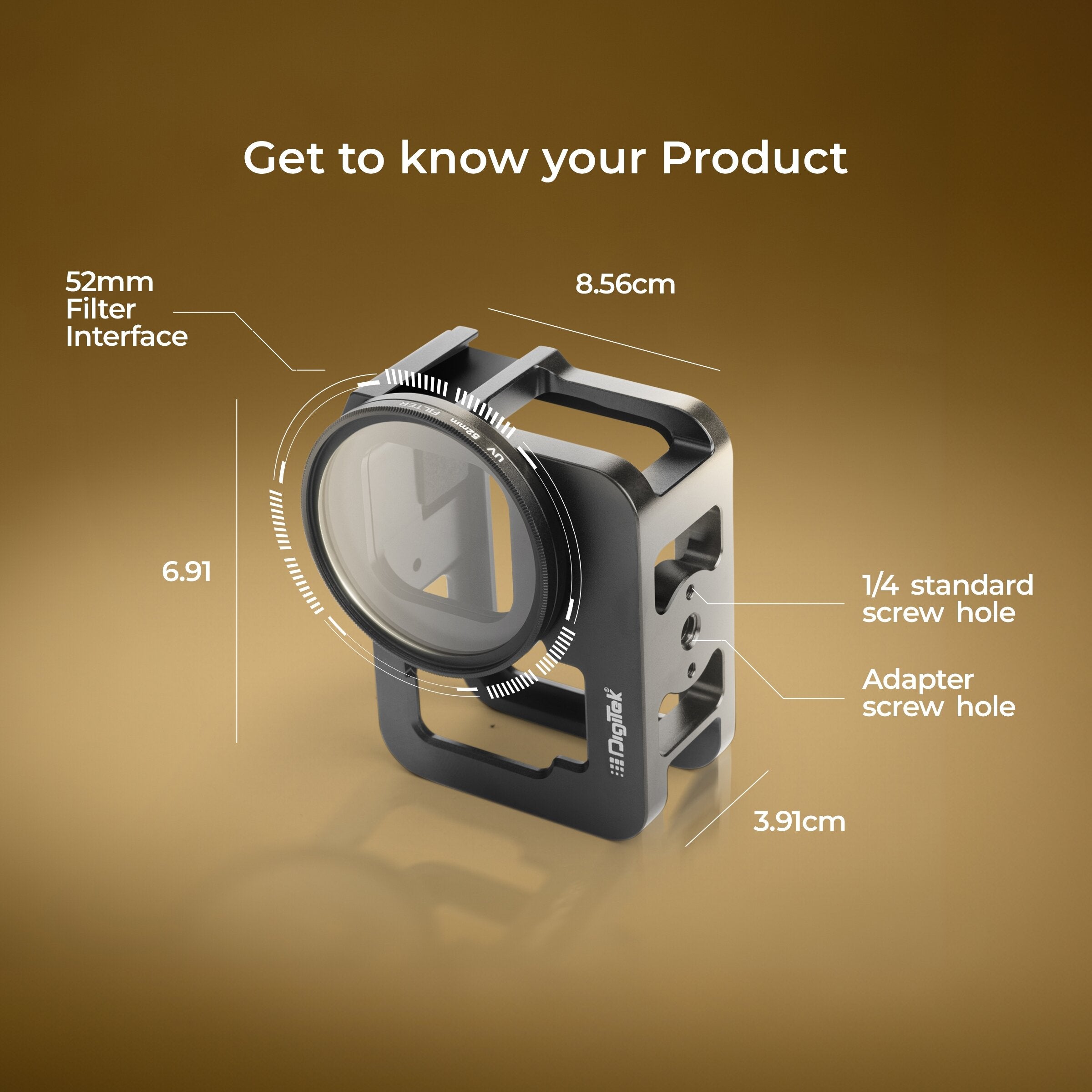 قفص كاميرا DIGITEK® لكاميرا GoPro Hero 12، هيكل من الألومنيوم خفيف الوزن، منفذ فلتر 52 مم، فتحات براغي 1/4 بوصة و3/8 بوصة، حامل لمصابيح LED وميكروفونات خارجية، مثالي لركوب الدراجات في المغامرات وتصوير الفيديوهات في الهواء الطلق