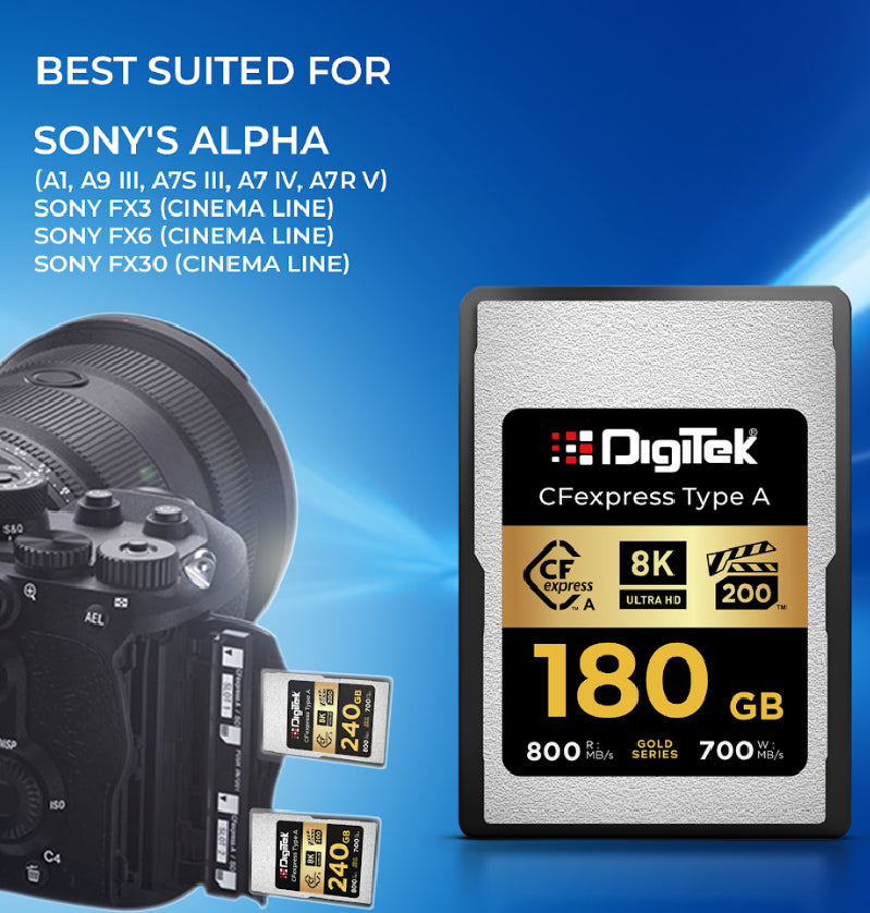 بطاقة ذاكرة Digitek (DCFA 240GB Gold Series) من نوع CFexpress A - سرعة قراءة 800 ميجابايت/ثانية، سرعة كتابة 700 ميجابايت/ثانية، تدعم دقة 8K فائقة الوضوح، تقنية Nytro Boost، تقنية Perfect Frame، ضمان 5 سنوات، لتصوير فيديو عالي السرعة بدقة 8K
