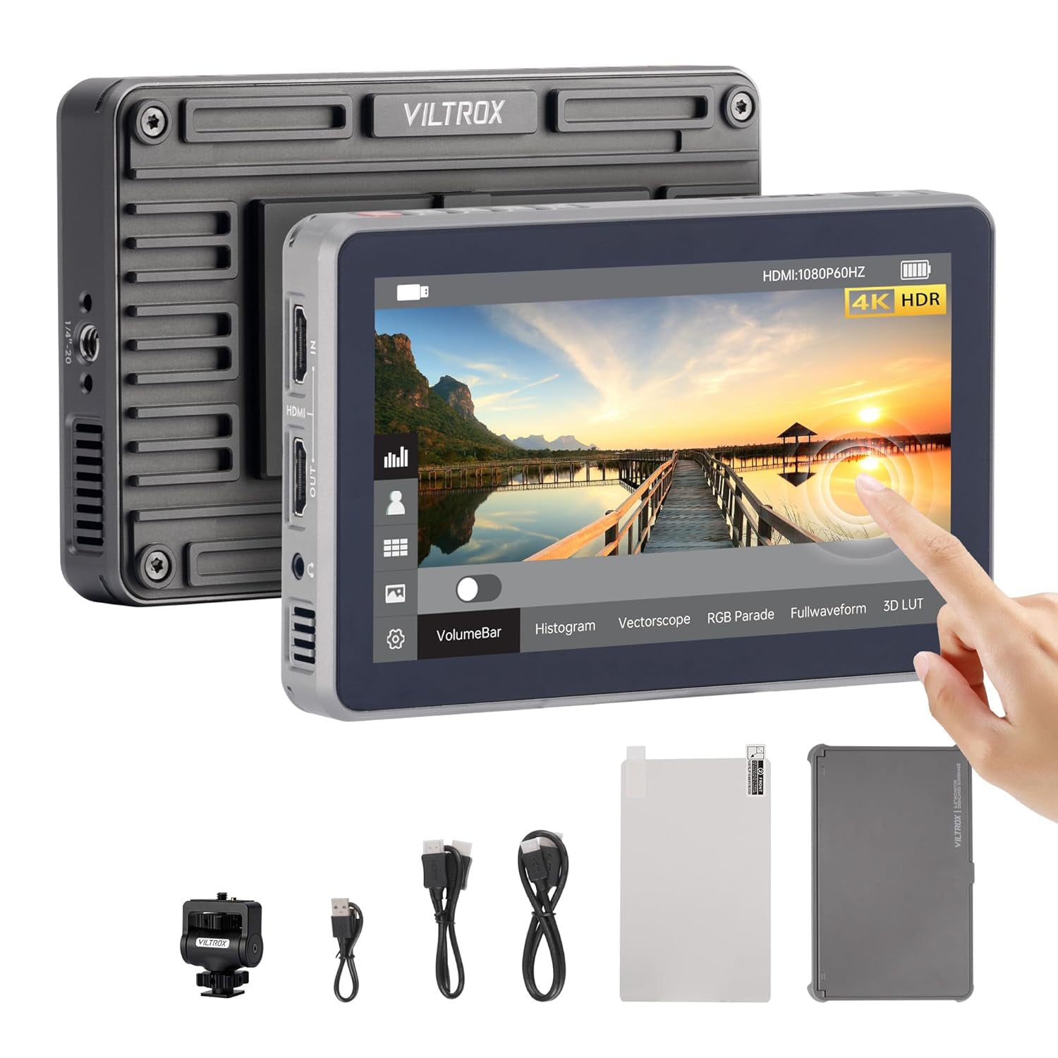 شاشة كاميرا VILTROX DC-X2 تعمل باللمس مقاس 6 بوصات بدقة Full HD بتقنية IPS، سطوع 2000 شمعة، مزودة بمنفذ HDMI للإدخال/الإخراج، وغطاء واقٍ من الشمس، وأدوات عرض ثلاثية الأبعاد (LUT)، وموجات، ومخططات بيانية، ومقياس متجهات، باللون الأسود.