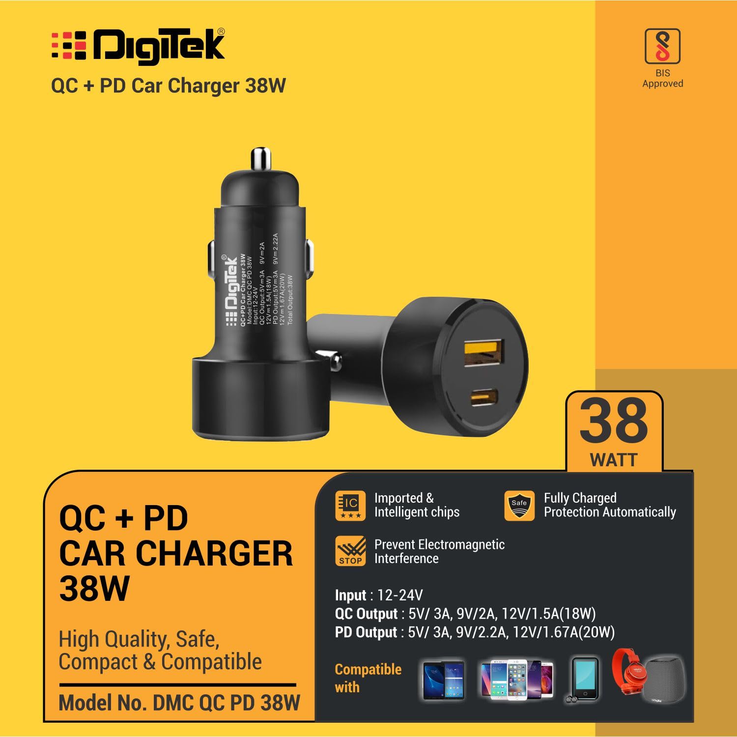شاحن سيارة سريع من ديجيتك (DMC QC PD 38W) بمخرج مزدوج، إجمالي 38 واط (18 واط QC + 20 واط Type C PD)، شحن سريع، محول للهواتف الذكية والأجهزة اللوحية التي تعمل بنظامي iOS و Android (أسود)