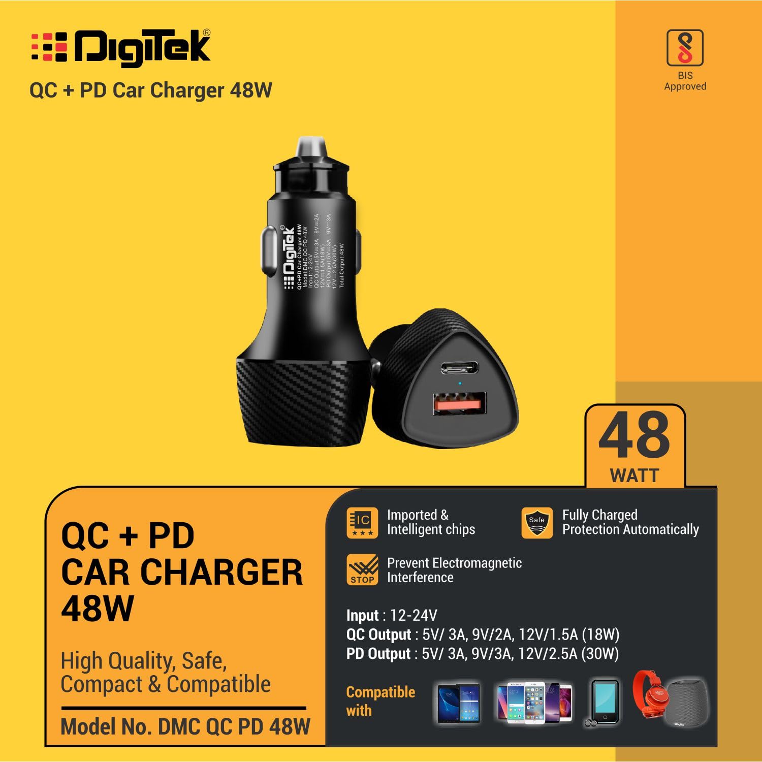 Digitek (DMC QC PD 48W) Dual Port Fast Car Charger Type-C PD & USB Charging Adapter for Cars, Charge Android & iOS Smartphones, Tablets, iPads, Earbuds, Powerbank & Laptops (Black)
