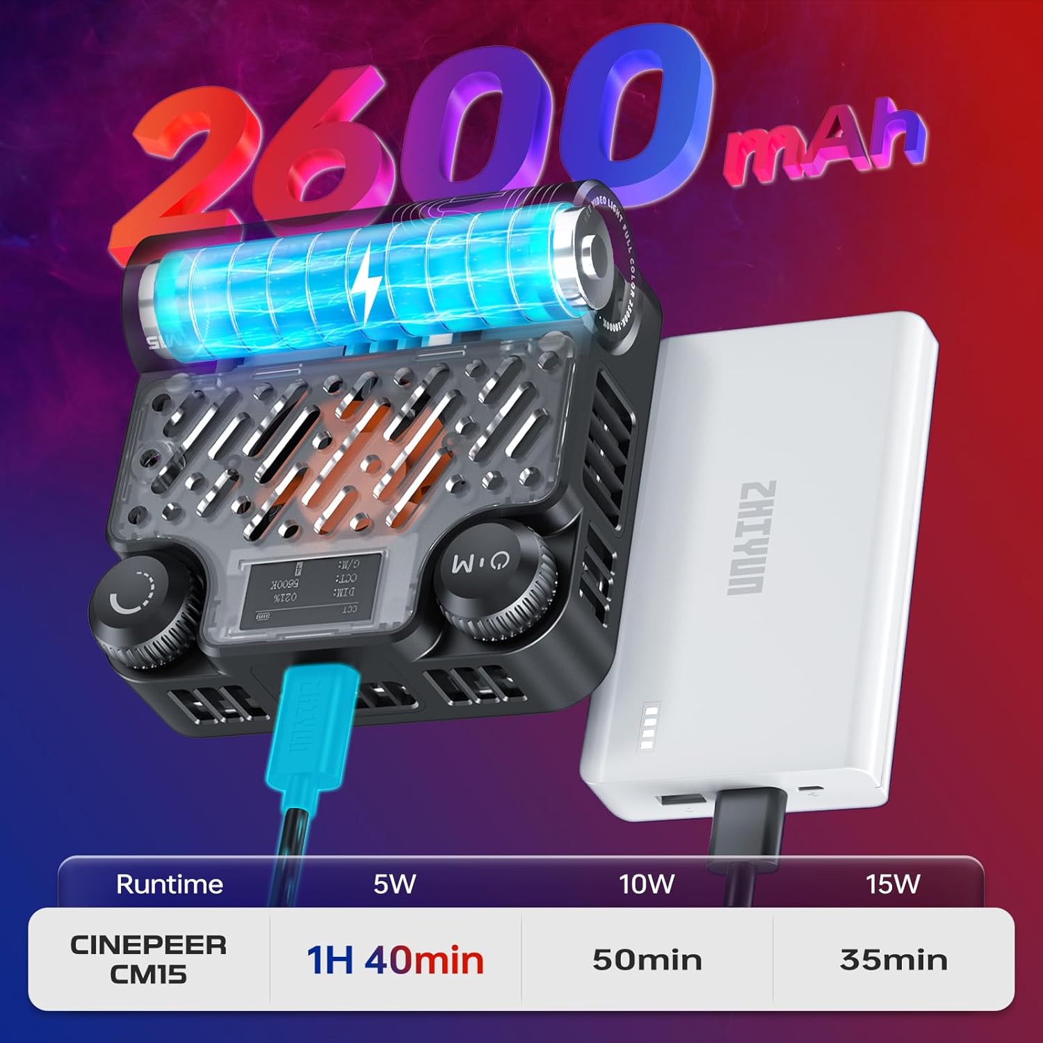 ZHIYUN CINEPEER CM15 15W RGB Video Light Selfie Light 360° Full Color Camera Light with Cold Shoe 2600mAh CRI 94+ 2500k~10000k Rechargeable Portable Outdoor Photography Lighting Fill Handheld Light