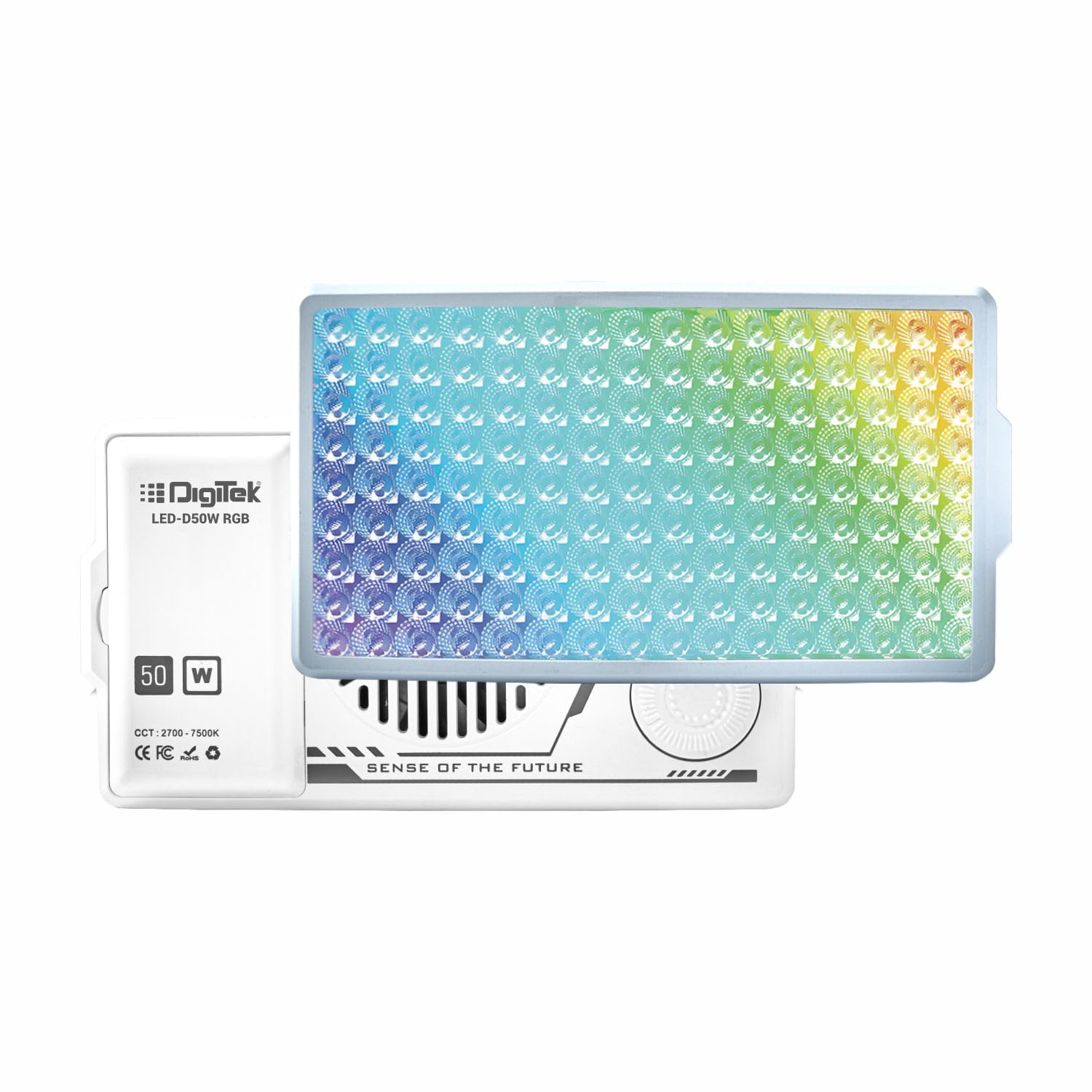 Digitek (LED-D50W RGB) 50W Portable RGB LED Video Light with Hot Shoe Adapter & Soft Diffuser Cover, HSI 0-360, 2700K–7500K CCT, 22 FX Modes, CRI 96+, 2600mAh Battery, for Photo & Videography