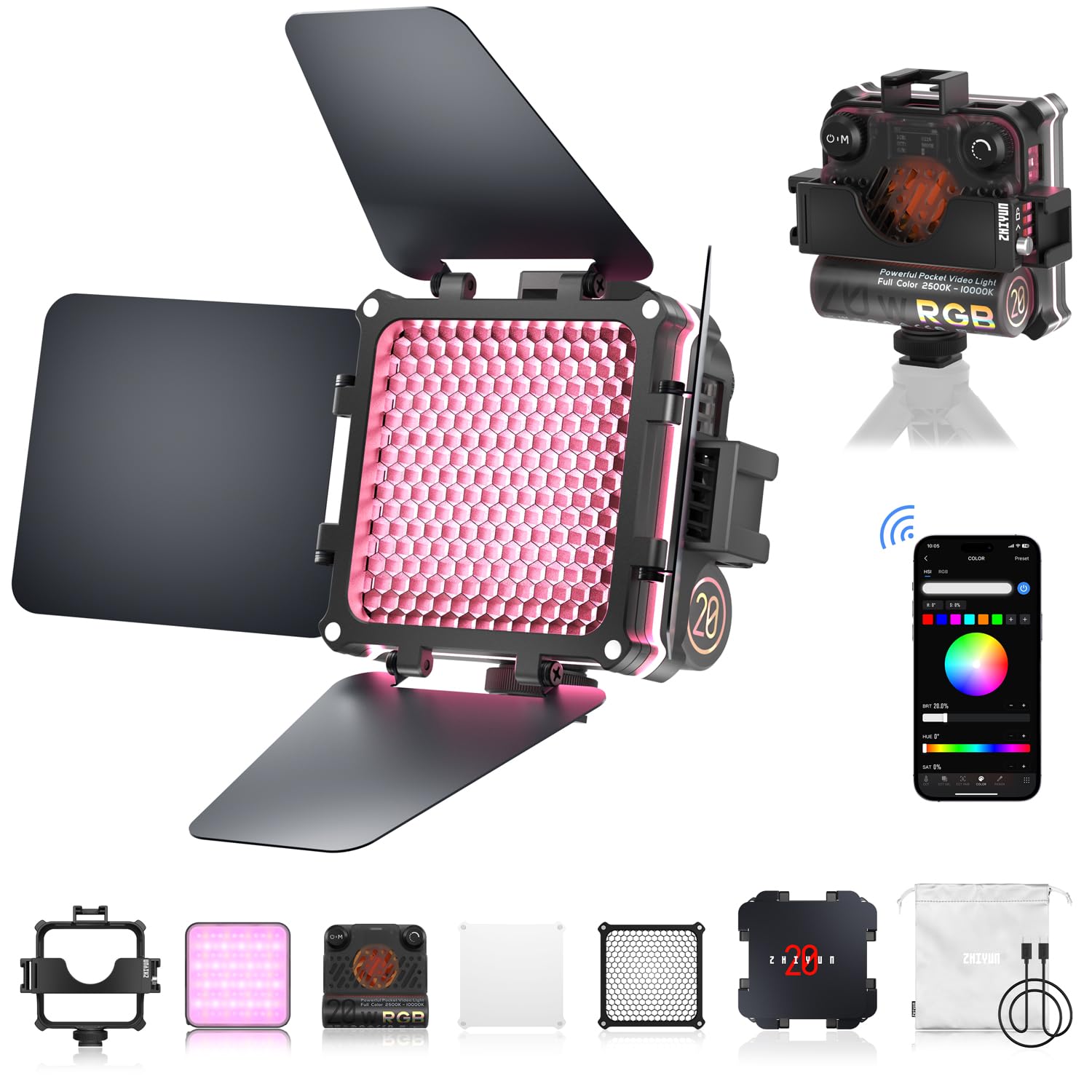 مجموعة إضاءة الفيديو RGB الرسمية من ZHIYUN FIVERAY M20C، إضاءة كاميرا محمولة بقوة 20 واط، وضع HSI، مؤشر TLCI 96+، درجة حرارة اللون من 2500 كلفن إلى 10000 كلفن مع 16 تأثيرًا ضوئيًا، تدعم الجذب المغناطيسي والتطبيق مع منفذ USB-C PD