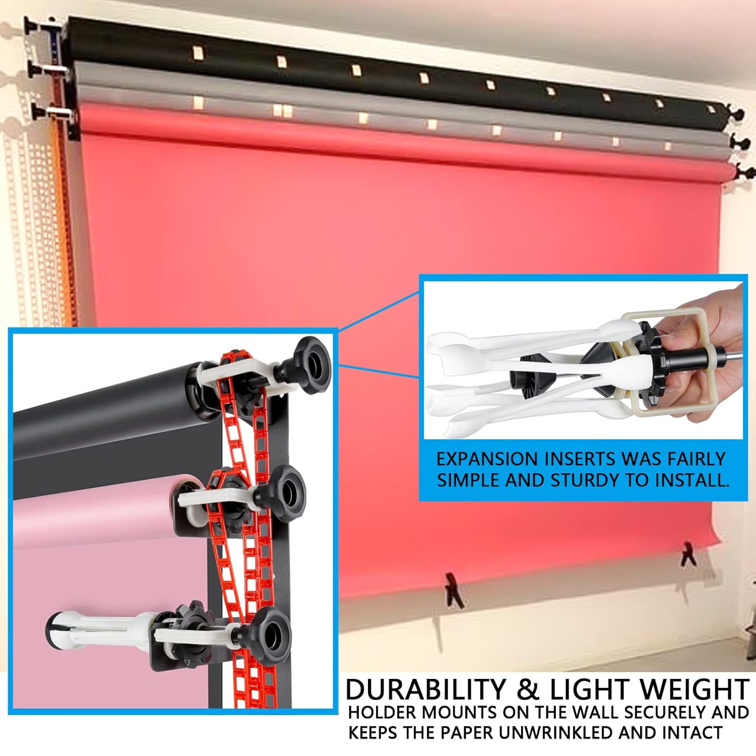 Digitek Photography Backdrop Wall Mount 3 Roller Support System, Manual Photo Background Ceiling Holder, Including 2 Tri-fold Hooks, 6 Expand Bars, 3 Chains, for Home Studio Live Stream Game Video