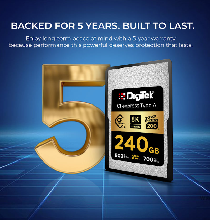 بطاقة ذاكرة Digitek (DCFA 240GB Gold Series) من نوع CFexpress A - سرعة قراءة 800 ميجابايت/ثانية، سرعة كتابة 700 ميجابايت/ثانية، تدعم دقة 8K فائقة الوضوح، تقنية Nytro Boost، تقنية Perfect Frame، ضمان 5 سنوات، لتصوير فيديو عالي السرعة بدقة 8K