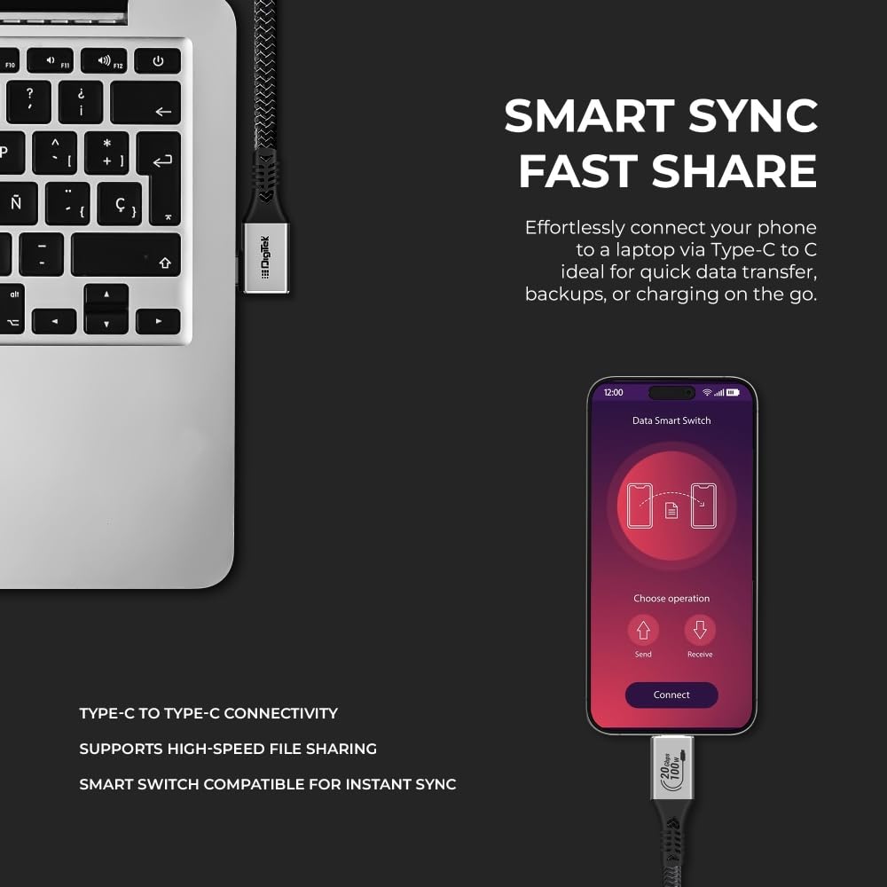 كابل Digitek® (DC 5M-TC2C 3.2) من النوع C إلى النوع C بزاوية قائمة، بطول 5 أمتار، مضفر من النايلون، شحن سريع بقدرة 100 واط، نقل بيانات بسرعة 20 جيجابت في الثانية، ثنائي الاتجاه، لتطبيقات التصوير الفوتوغرافي والفيديو.