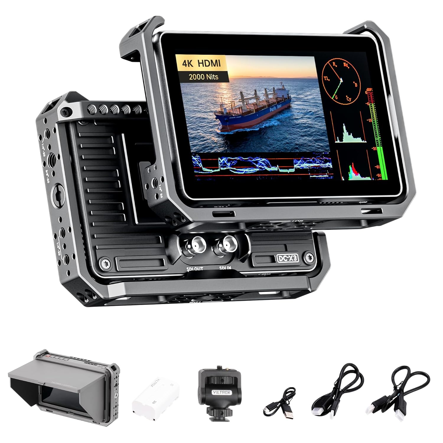 VILTROX DC-X3 Camera Field Monitor Kit with Rig Cage 2000 Nits Touchscreen Camera Monitor with SDI/4K HDMI in/Out, 6" Full HD 1920x1080 IPS, 3D LUTs Peaking Focus Assist, Sunshade Hood, Battery