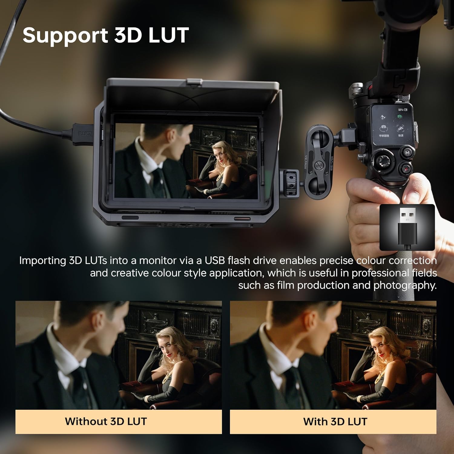 شاشة كاميرا VILTROX DC-X2 تعمل باللمس مقاس 6 بوصات بدقة Full HD بتقنية IPS، سطوع 2000 شمعة، مزودة بمنفذ HDMI للإدخال/الإخراج، وغطاء واقٍ من الشمس، وأدوات عرض ثلاثية الأبعاد (LUT)، وموجات، ومخططات بيانية، ومقياس متجهات، باللون الأسود.