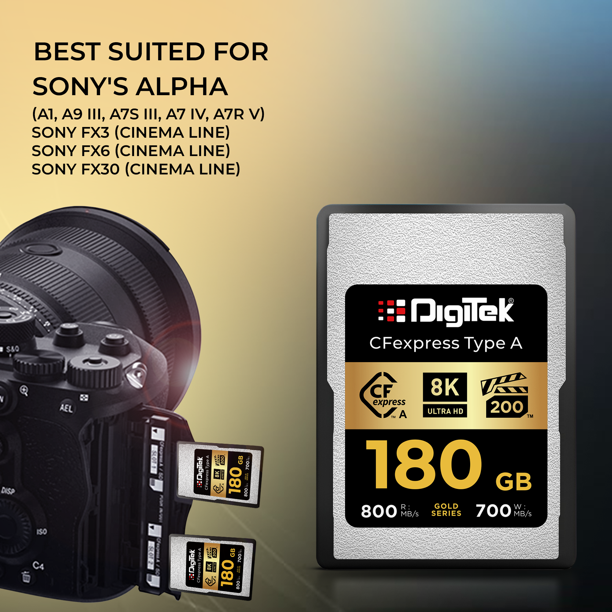 بطاقة ذاكرة Digitek (DCFA 180GB Gold Series) CFexpress من النوع A - سرعة قراءة 800 ميجابايت/ثانية، سرعة كتابة 700 ميجابايت/ثانية، تدعم دقة 8K فائقة الوضوح، تقنية Nytro Boost، التقاط إطارات مثالية، ضمان 5 سنوات، لتصوير فيديو عالي السرعة بدقة 8K