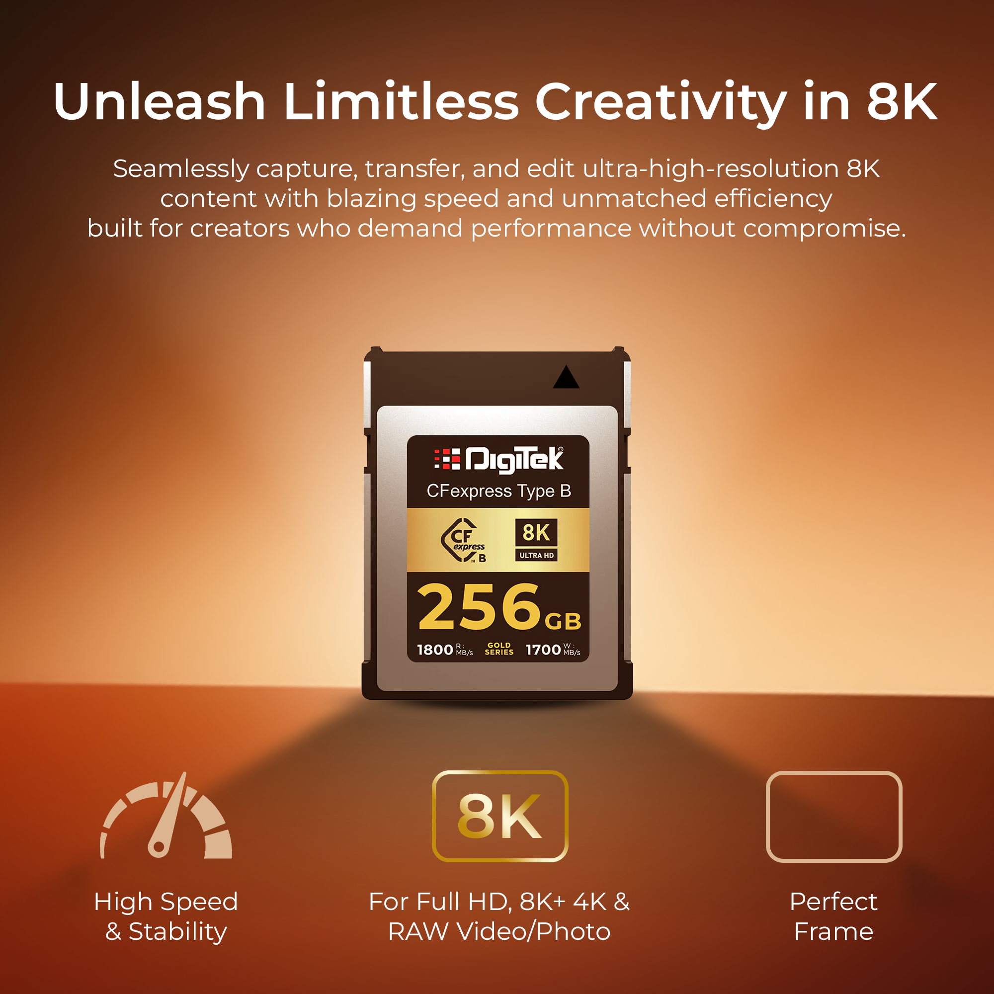 Digitek CFexpress Type B 256GB Gold Series – 1800MB/s Read, 1700MB/s Write, 8K Ultra HD