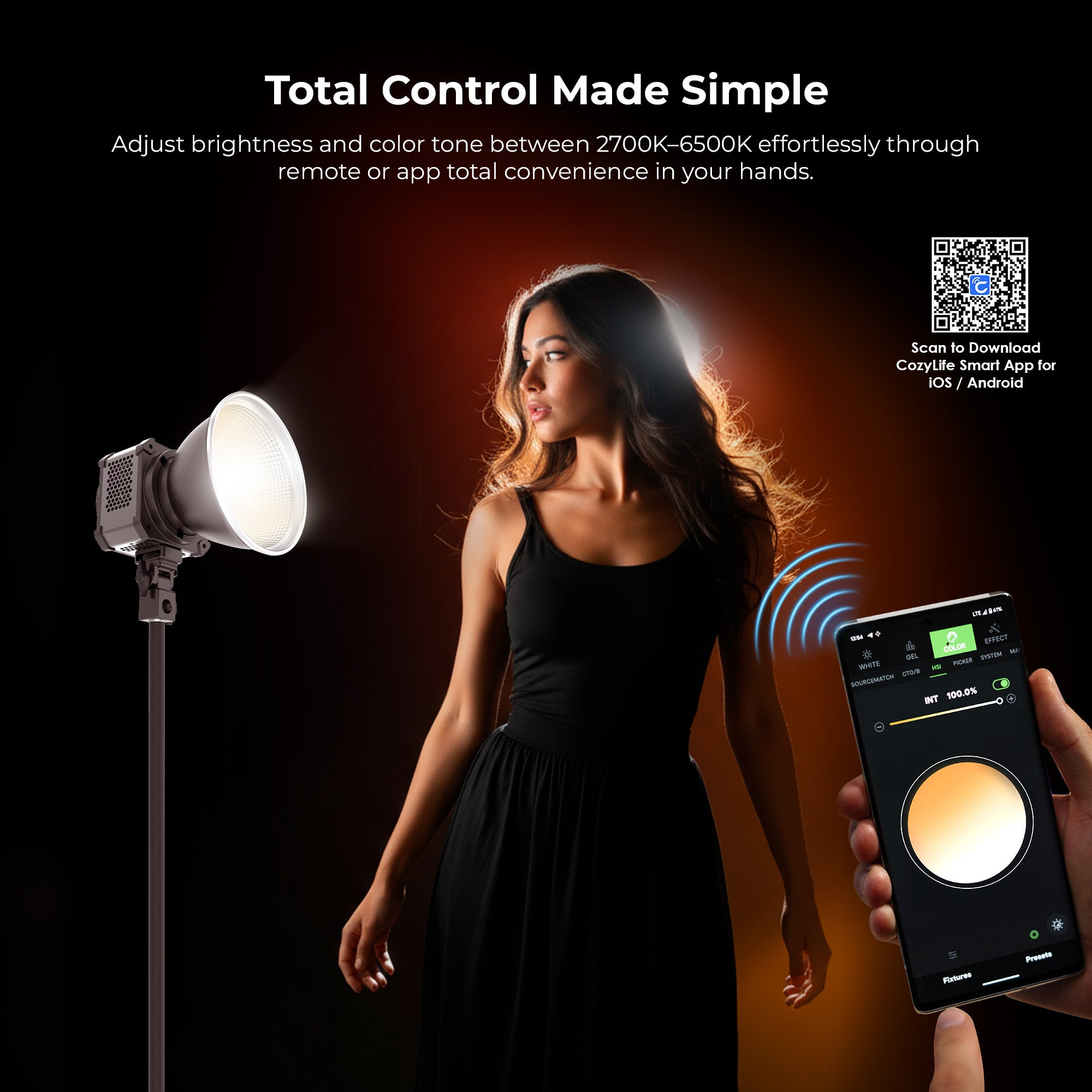 Digitek (DCL 400W Combo) 300W Bi-Color COB LED Continuous Light with Reflector, Remote/App Control, 2700K–6500K CCT, 0–100% Dimming, 18750LM Output, CRI 95, 12 FX Modes, Bowens Mount Studio Light