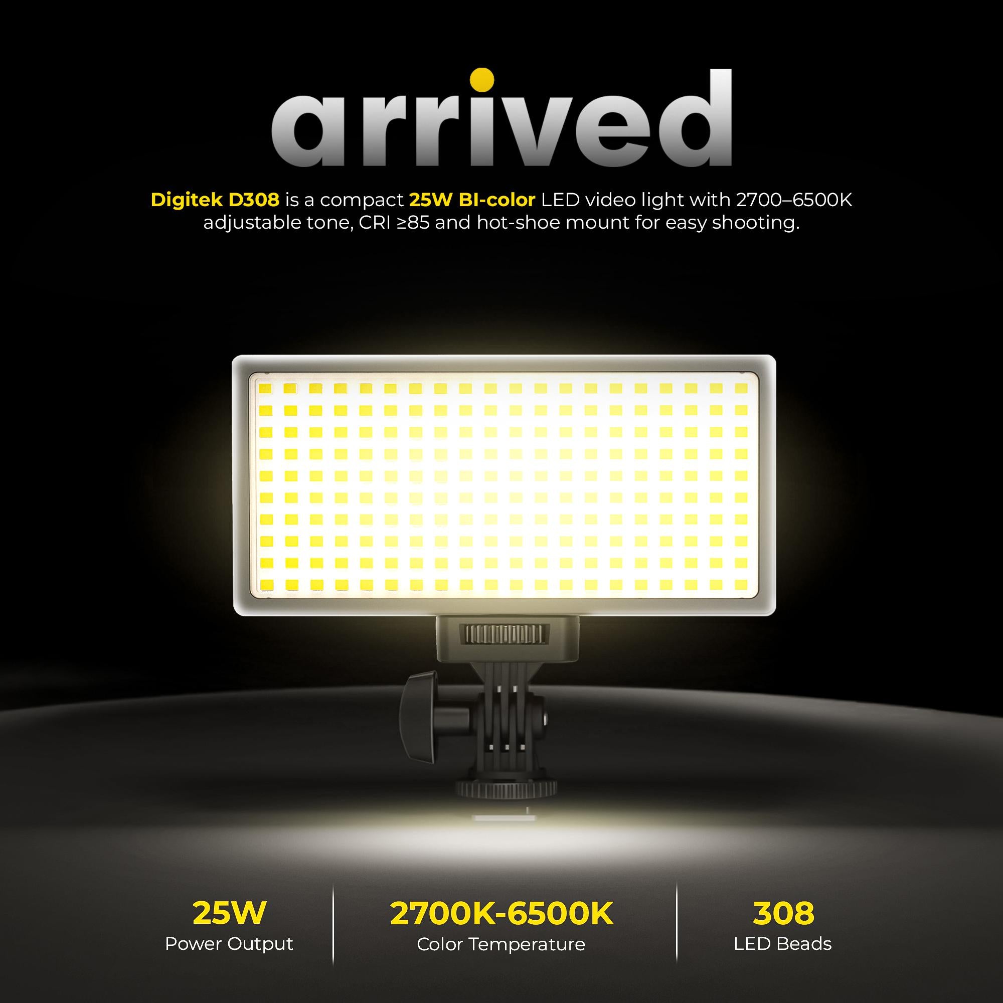 Digitek (LED-D308) 25W Bi-Color LED Video Light with Hot Shoe Mount, 2700K–6500K Adjustable Color Temperature, 308 LEDs, 2860LM Brightness, CRI 85+, For YouTube, Vlogging, Photography, Video Shoot (Battery Not Included)
