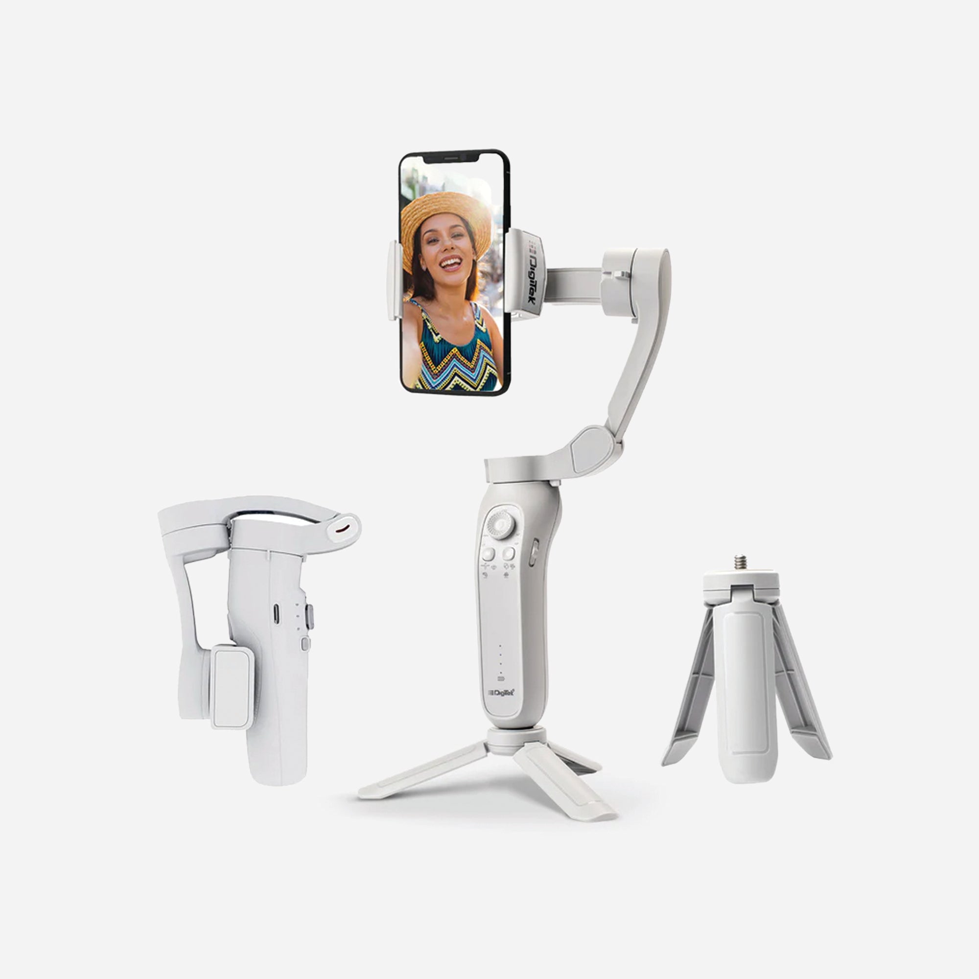 حامل كاميرا Digitek (DSG 007F) ثلاثي المحاور، محمول باليد، بتقنية PTZ، متوافق مع جميع الهواتف الذكية، مزود بخاصية تتبع الحركة للوجه والأجسام، بالإضافة إلى العديد من ميزات التصوير الزمني.