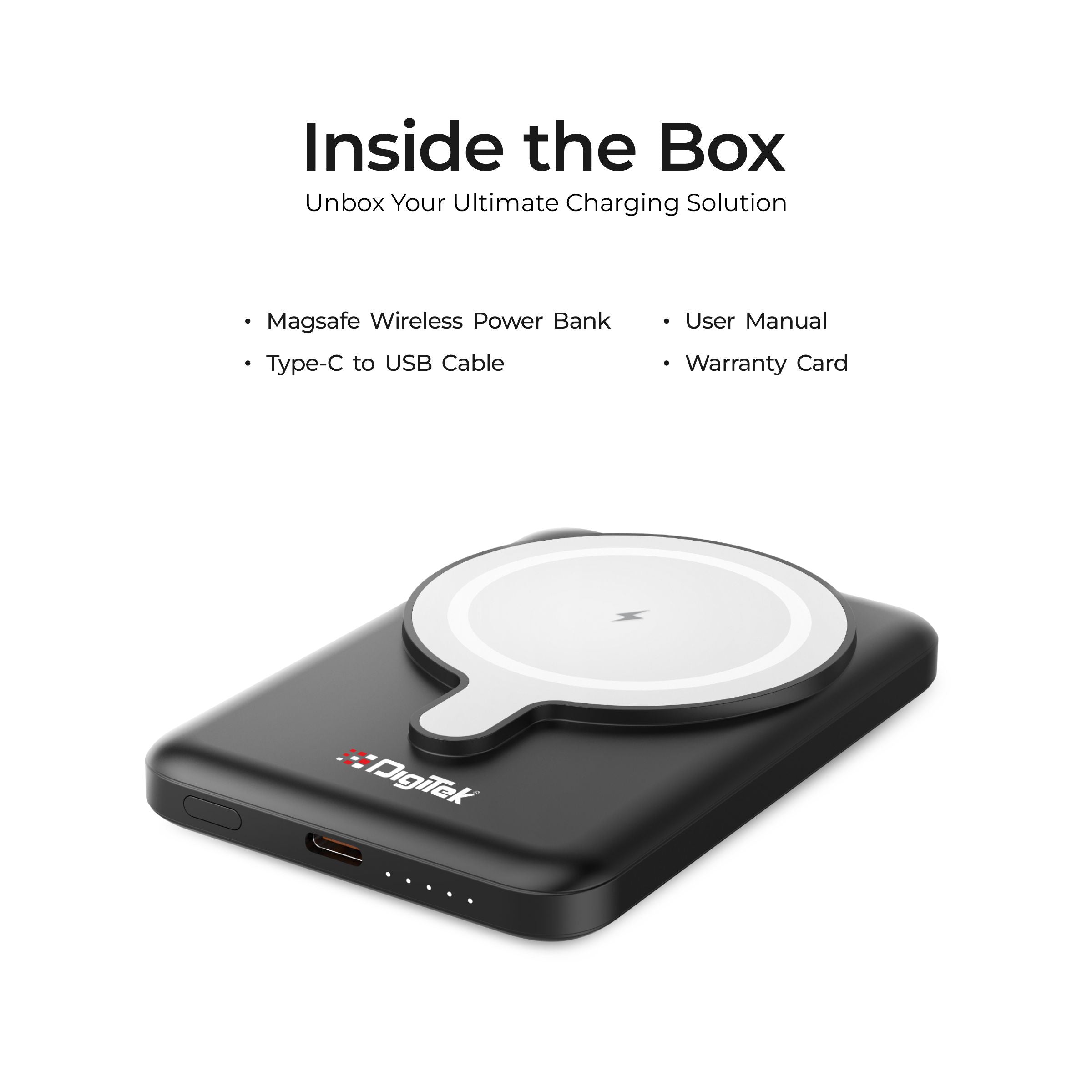 بنك طاقة لاسلكي فائق السرعة من ديجيتك (DPB-5000 MS) بقدرة 15 واط مع شحن PD بقدرة 20 واط ومنفذ من النوع C باللون الأسود