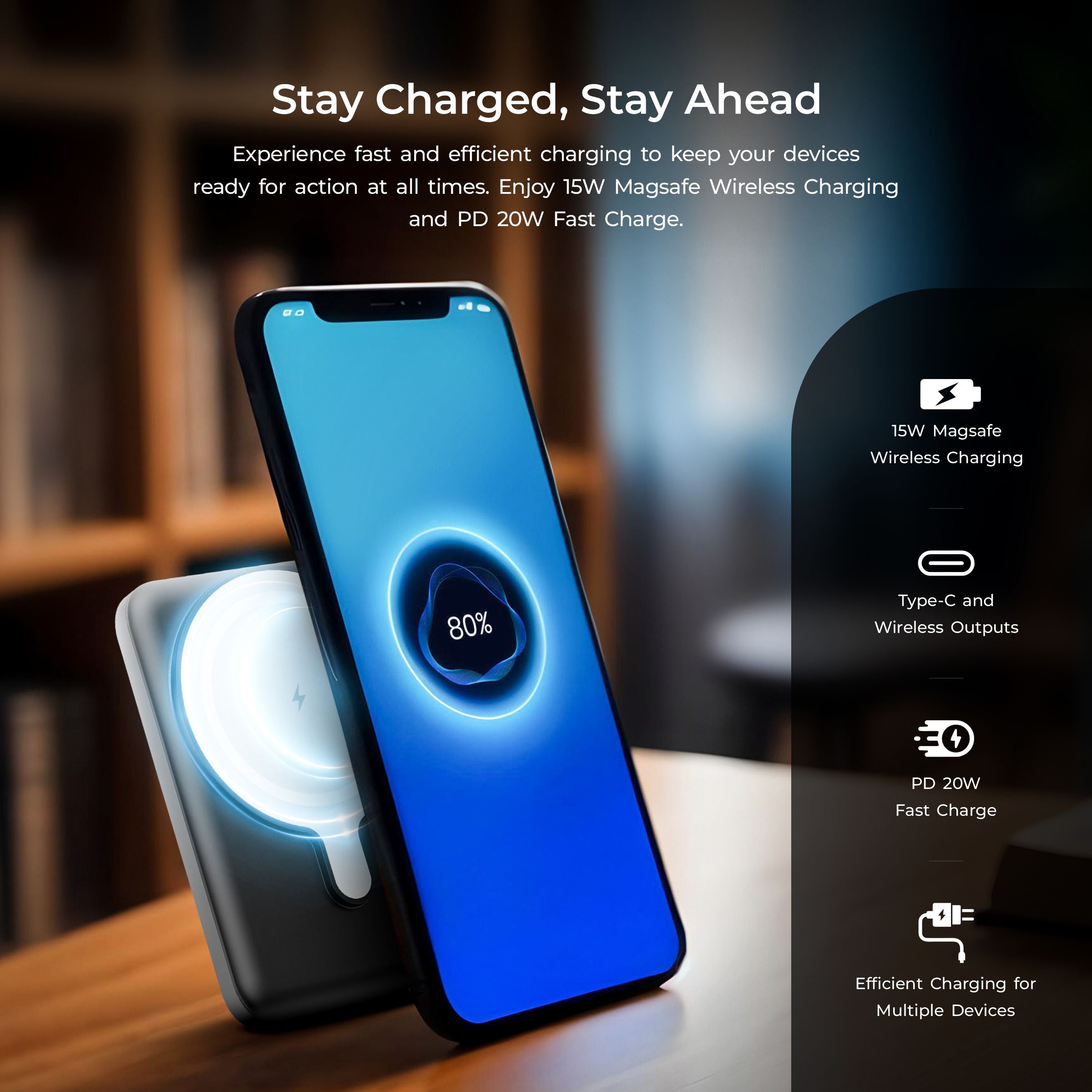 بنك طاقة لاسلكي فائق السرعة من ديجيتك (DPB-5000 MS) بقدرة 15 واط مع شحن PD بقدرة 20 واط ومنفذ من النوع C باللون الأسود