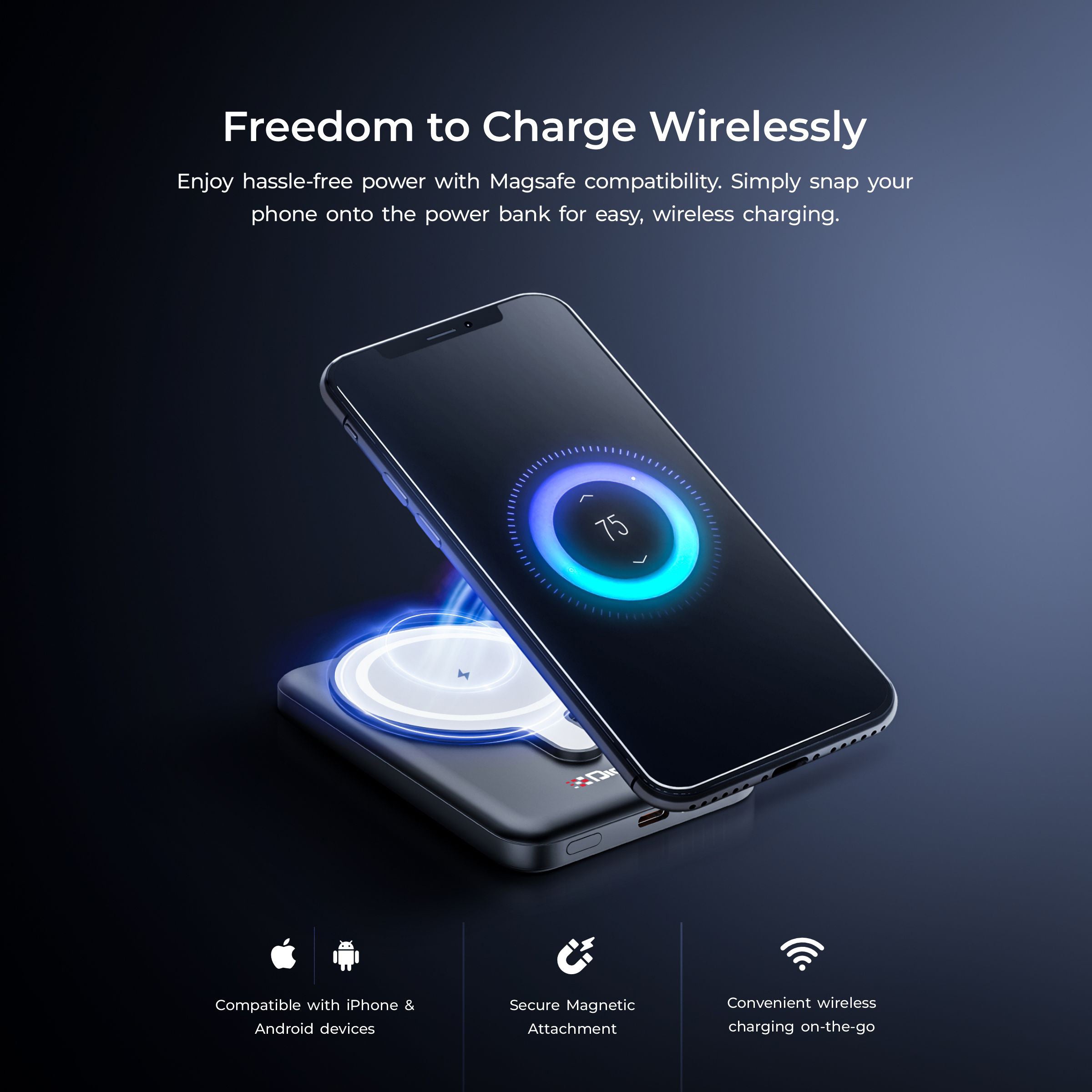 بنك طاقة لاسلكي فائق السرعة من ديجيتك (DPB-5000 MS) بقدرة 15 واط مع شحن PD بقدرة 20 واط ومنفذ من النوع C باللون الأسود