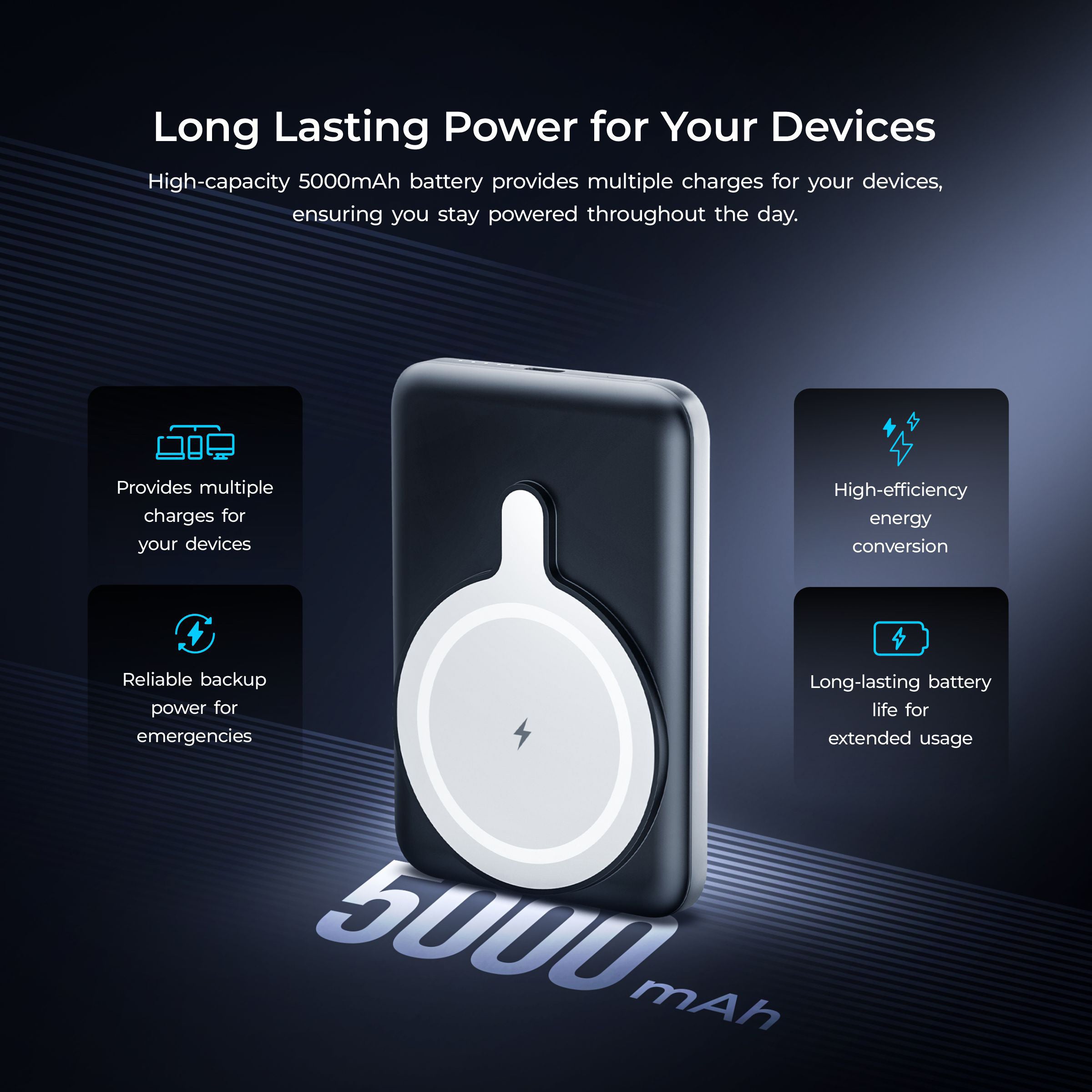 بنك طاقة لاسلكي فائق السرعة من ديجيتك (DPB-5000 MS) بقدرة 15 واط مع شحن PD بقدرة 20 واط ومنفذ من النوع C باللون الأسود