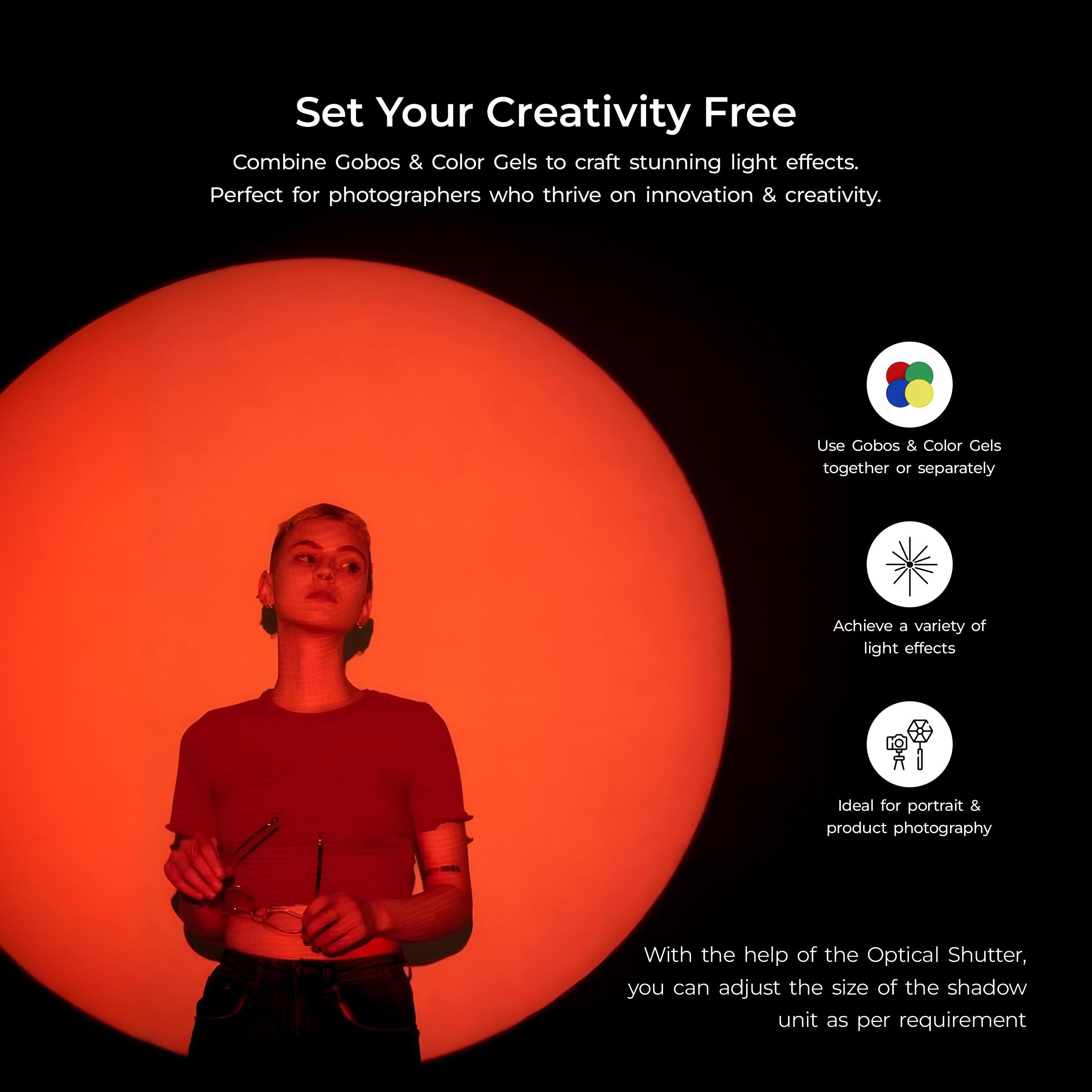 طقم Digitek (DS 220) لتركيب Bowens البصري مع 20 GOBO من الفولاذ المقاوم للصدأ و4 فلاتر ألوان (أحمر/أصفر/أخضر/أزرق)، وحلقة تركيز متعددة الوظائف، وهيكل معدني فاخر