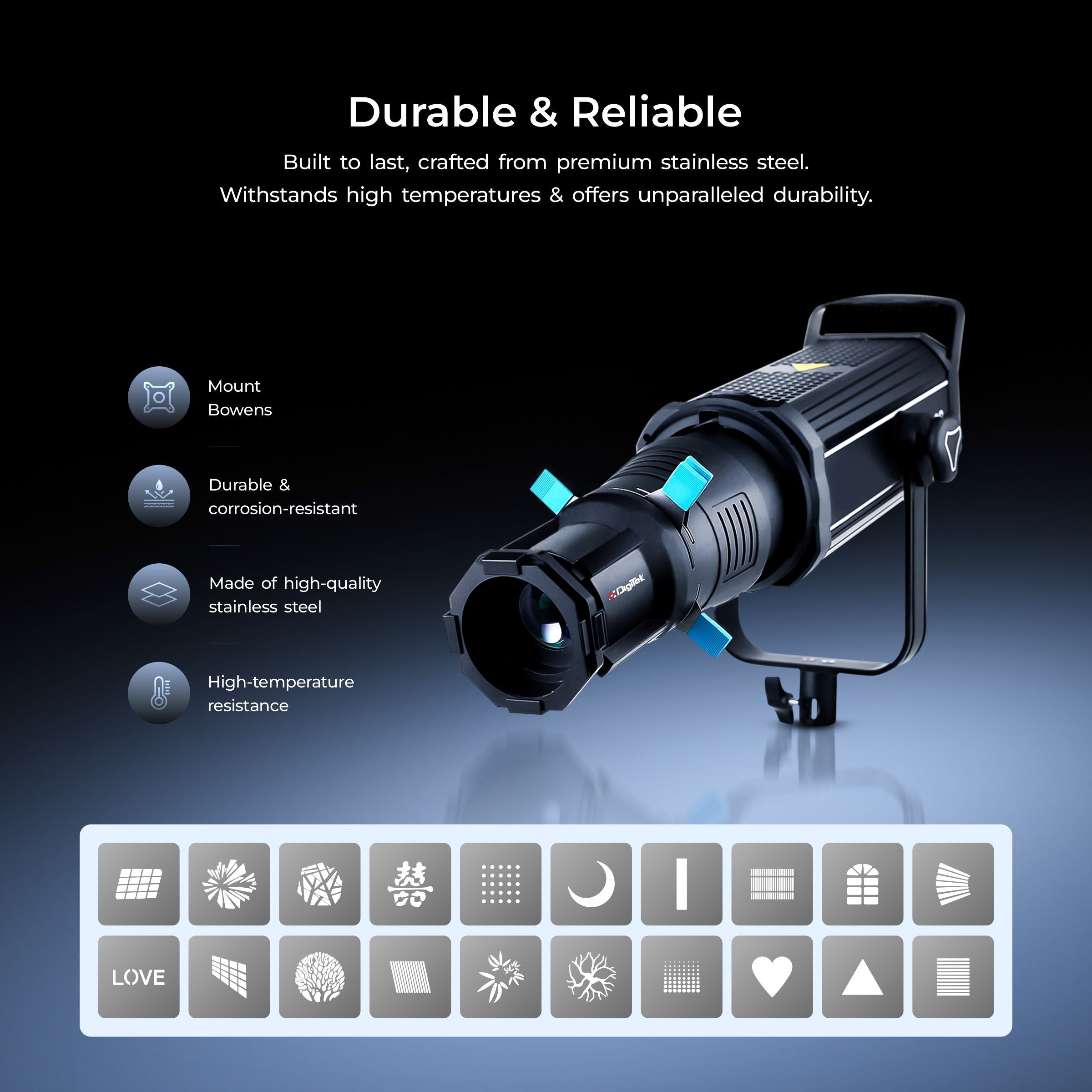 طقم Digitek (DS 220) لتركيب Bowens البصري مع 20 GOBO من الفولاذ المقاوم للصدأ و4 فلاتر ألوان (أحمر/أصفر/أخضر/أزرق)، وحلقة تركيز متعددة الوظائف، وهيكل معدني فاخر