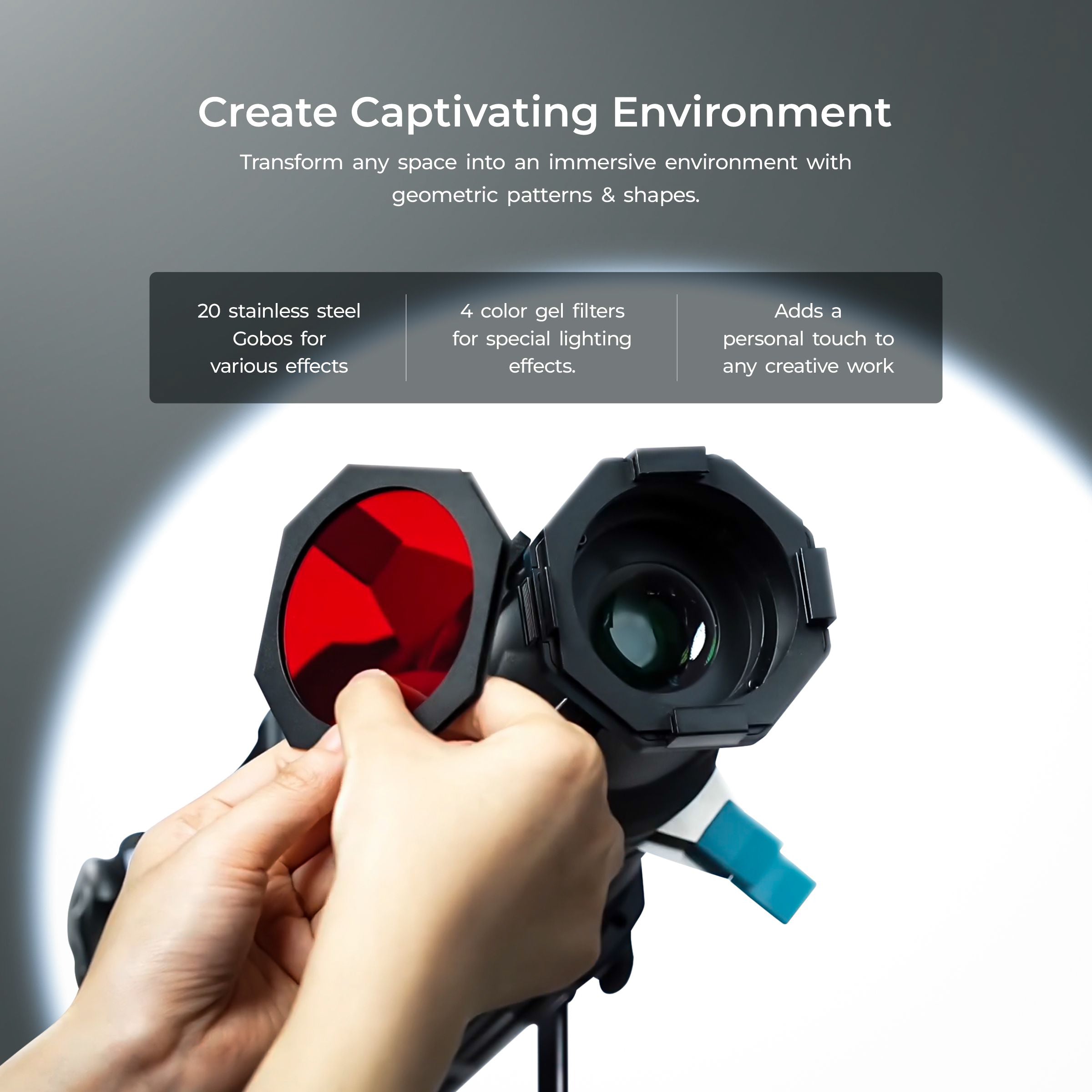 طقم Digitek (DS 220) لتركيب Bowens البصري مع 20 GOBO من الفولاذ المقاوم للصدأ و4 فلاتر ألوان (أحمر/أصفر/أخضر/أزرق)، وحلقة تركيز متعددة الوظائف، وهيكل معدني فاخر