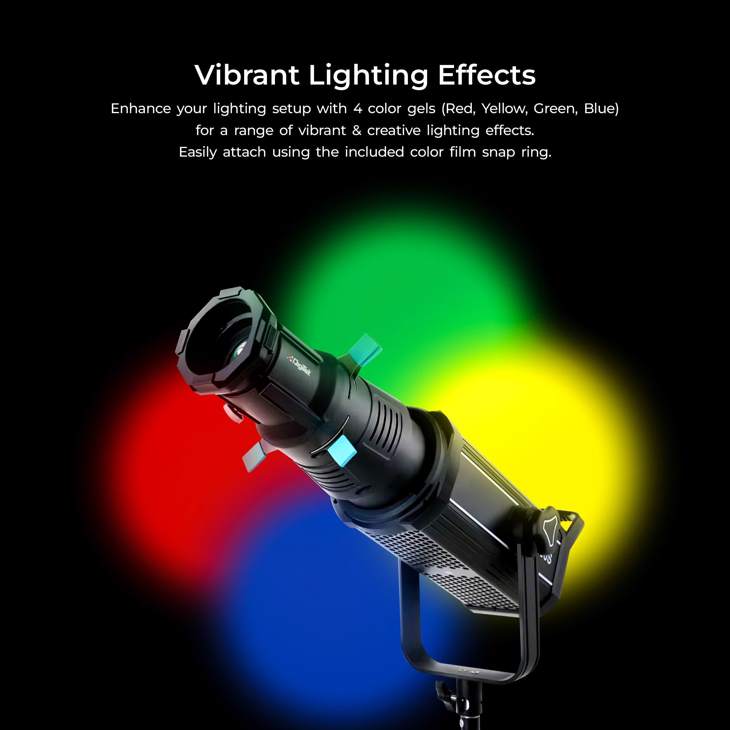 طقم Digitek (DS 220) لتركيب Bowens البصري مع 20 GOBO من الفولاذ المقاوم للصدأ و4 فلاتر ألوان (أحمر/أصفر/أخضر/أزرق)، وحلقة تركيز متعددة الوظائف، وهيكل معدني فاخر