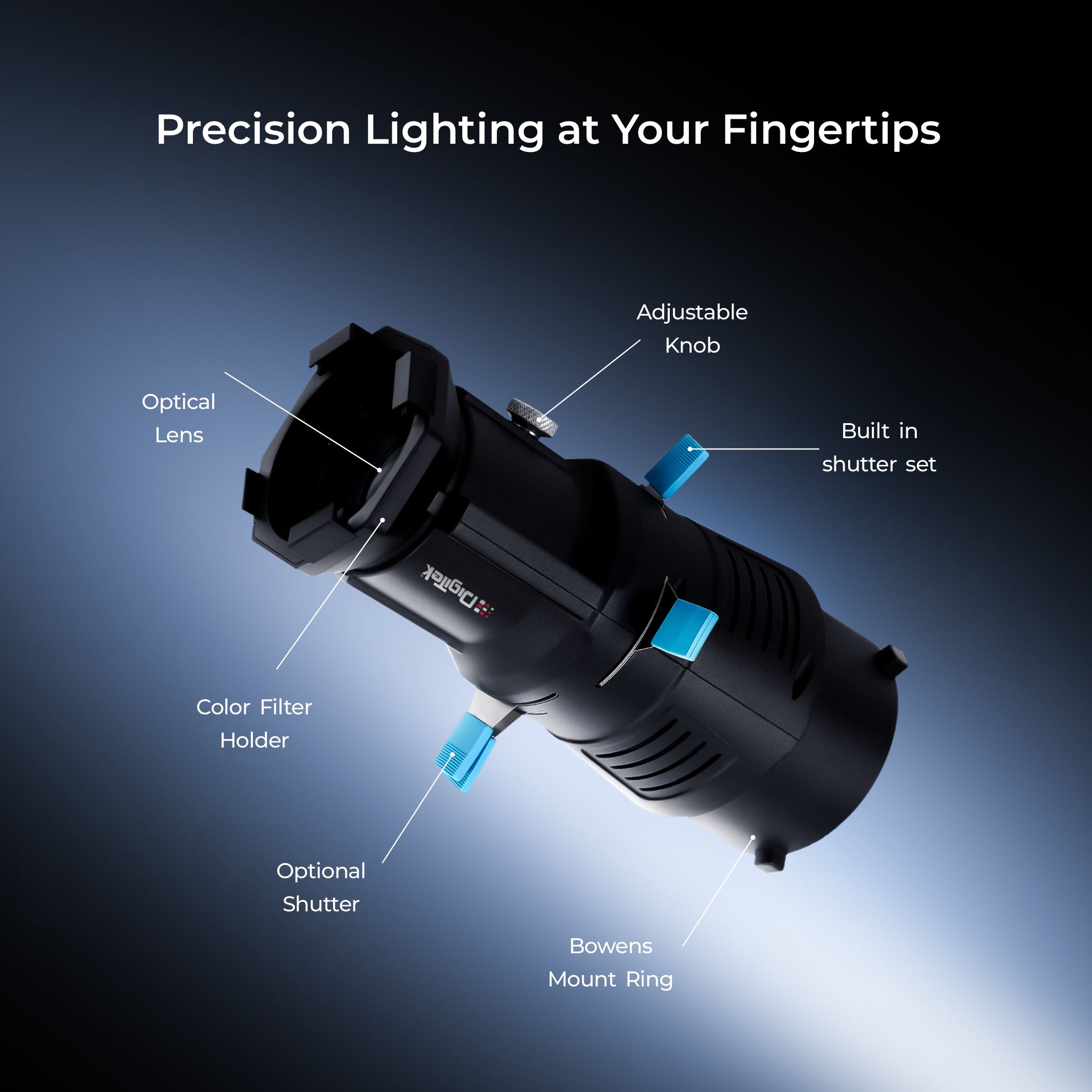 طقم Digitek (DS 220) لتركيب Bowens البصري مع 20 GOBO من الفولاذ المقاوم للصدأ و4 فلاتر ألوان (أحمر/أصفر/أخضر/أزرق)، وحلقة تركيز متعددة الوظائف، وهيكل معدني فاخر