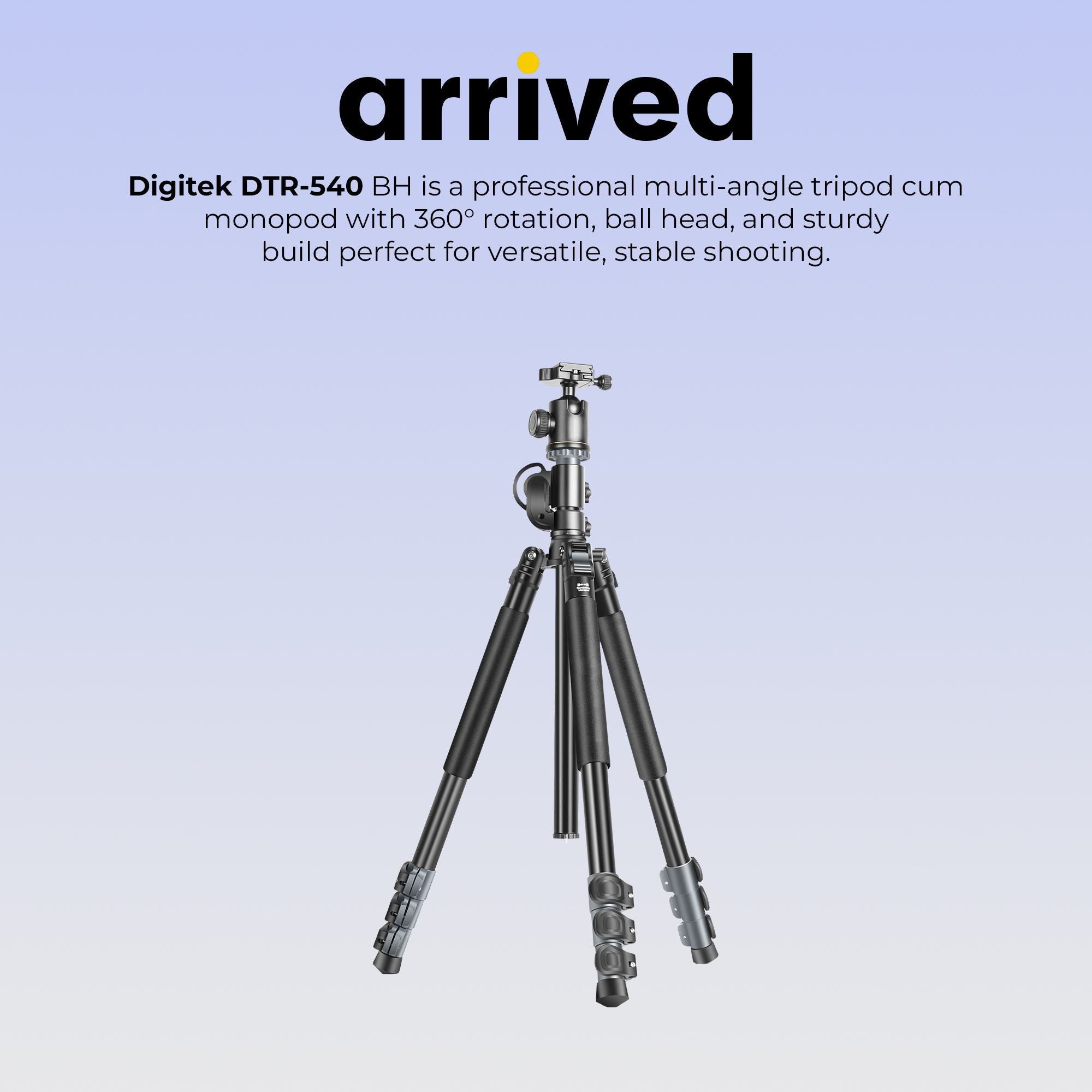 Digitek (DTR 540 BH) Heavy Duty Multi-Angle DV Tripod Cum Monopod, 360° Ball Head, 180° Tilt, Flip Leg Lock, 4-Section Adjustable, 8Kg Max Load, 6.26ft Height, 28mm Tube, Portable for DSLR, Camera & Videography