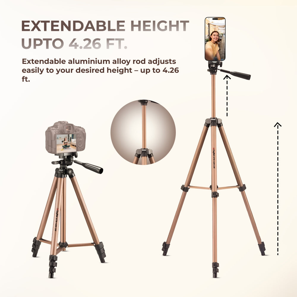 Digitek (DTR 420LW) Tripod for Camera & Smartphone with Holder – 4.26ft Max Height, 3Kg Load, 4-Section Legs, 3-Way Head, Quick Release Plate - Ideal for Photography & Videography