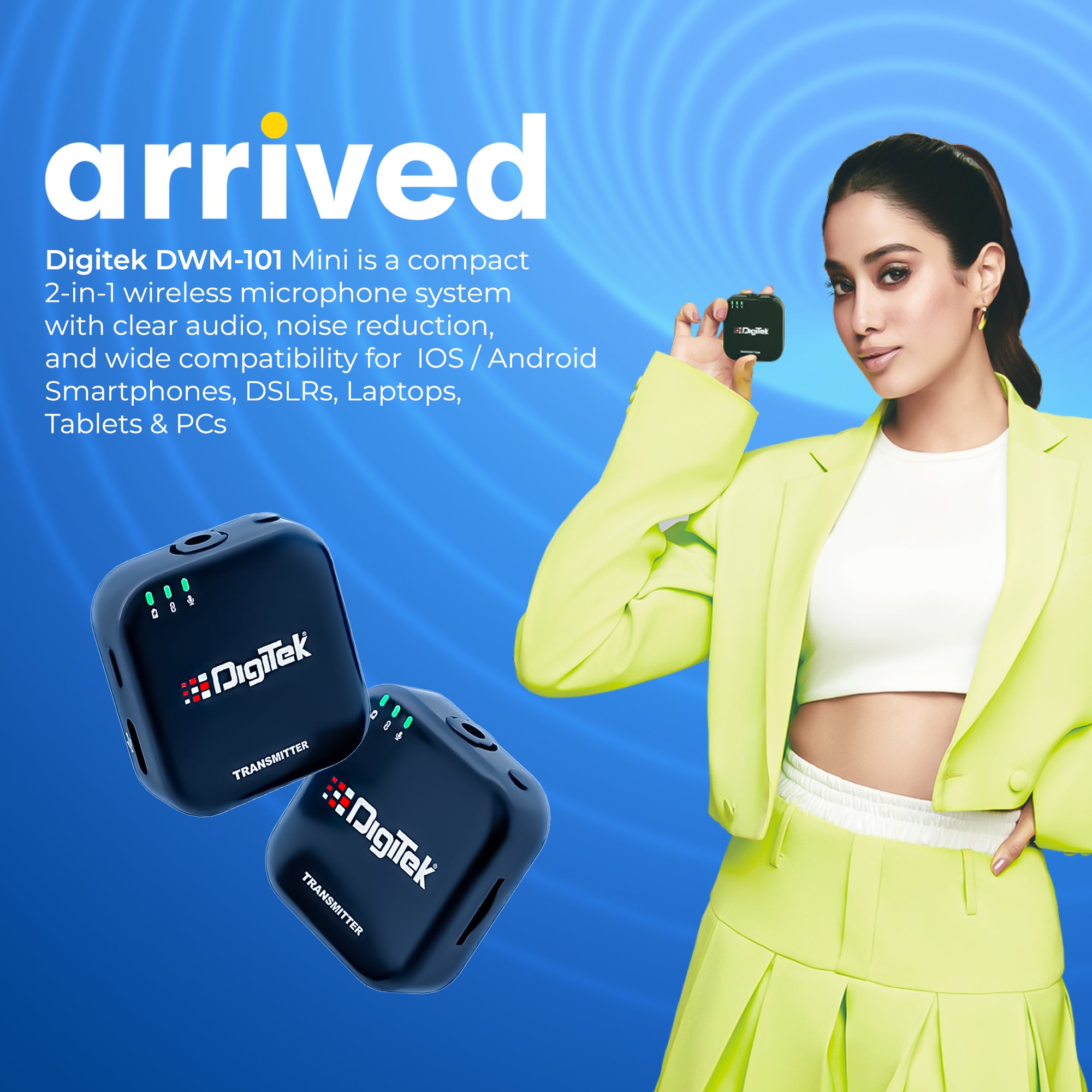 Digitek (DWM 101 Mini) 2-in-1 Wireless Microphone, 2.4G Mic for iOS/Android, DSLR, PC/Laptop, 80m Range, TF Card Recording, 4.5hr Battery, Real-Time Monitoring, Ideal for Vlogging, Streaming, Meetings