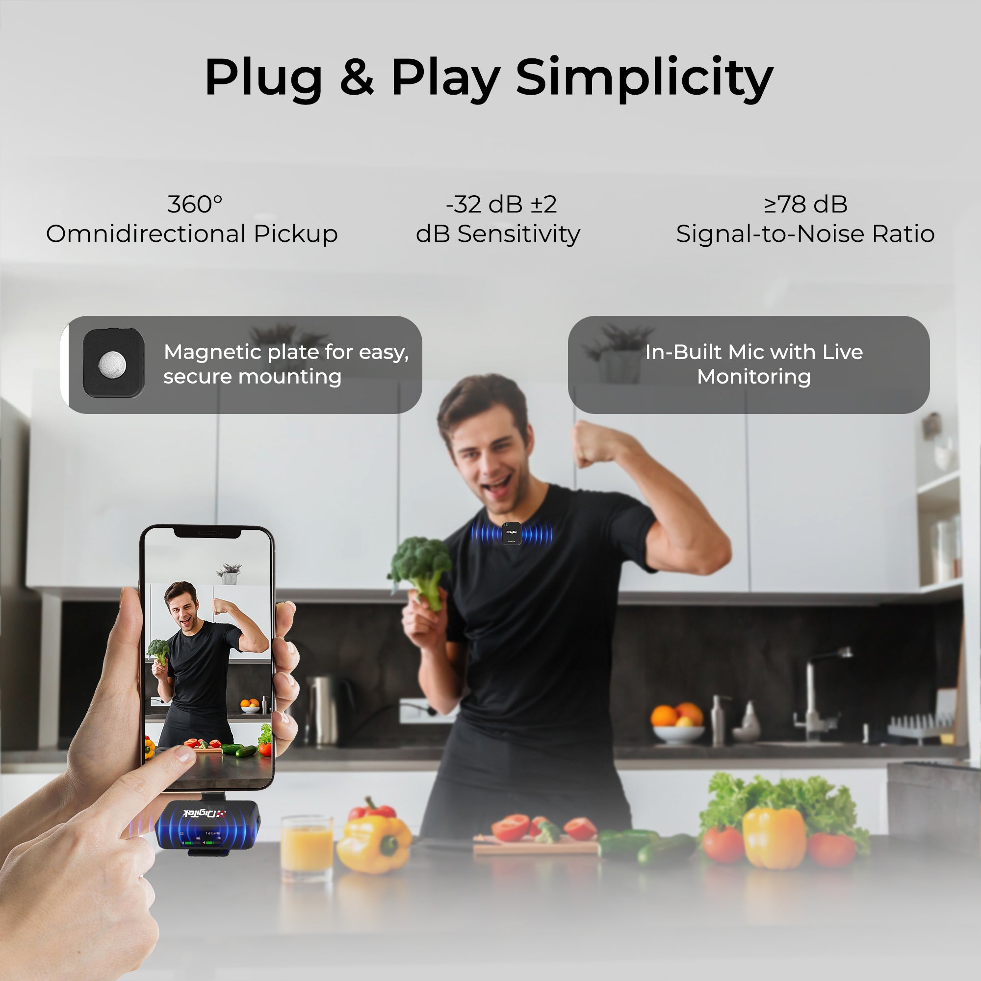 Digitek (DWM 101 Mini) 2-in-1 Wireless Microphone, 2.4G Mic for iOS/Android, DSLR, PC/Laptop, 80m Range, TF Card Recording, 4.5hr Battery, Real-Time Monitoring, Ideal for Vlogging, Streaming, Meetings