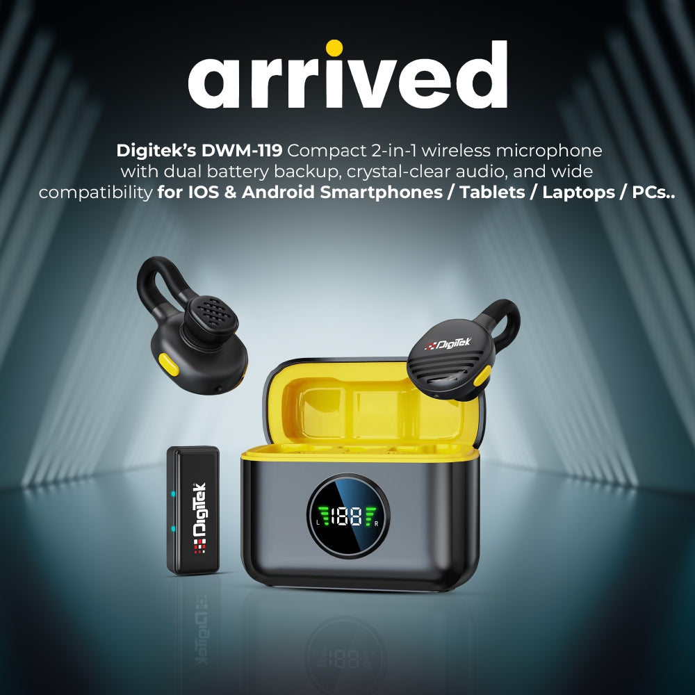 ميكروفون ديجيتك (DWM 119) اللاسلكي 2 في 1، بتردد 2.4 جيجاهرتز ومدى يصل إلى 30 مترًا، وبطارية تدوم 6 ساعات، وخاصية إلغاء الضوضاء ومؤشر طاقة، متوافق مع هواتف آيفون وأندرويد الذكية، مثالي لمدونات الفيديو والبث المباشر والمقابلات