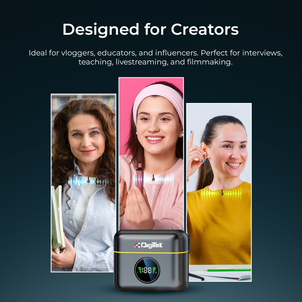 Digitek (DWM 119) 2-in-1 Wireless Microphone, 2.4G Mic with 30m Range, 6Hr Battery, Noise Cancellation & Power Indicator, for iPhone & Android Smartphones, Ideal for Vlogging, Live Streaming & Interviews