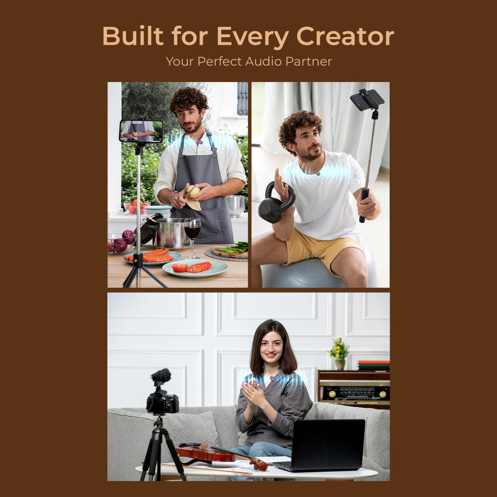 نظام ميكروفون لاسلكي Digitek (DWM 120)، مزود بخاصية تقليل الضوضاء، وميكروفون بتردد 2.4 جيجاهرتز بمدى يصل إلى 50 مترًا وبطارية تدوم 4.5 ساعات، متوافق مع هواتف iPhone وAndroid الذكية، مثالي لمدونات الفيديو والبث المباشر والمقابلات